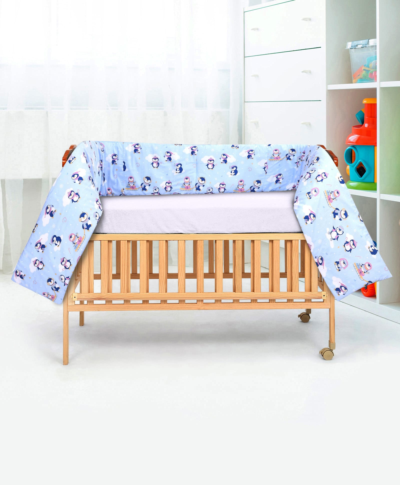 Babyhug 100% Cotton Cot Bumper Penguin Print - Blue| Soft Protective Padding| Breathable & Comfortable| Washable| Easy to Assemble| Compact Folding for Storage| Prevents Bumping into Crib Sides-image-34