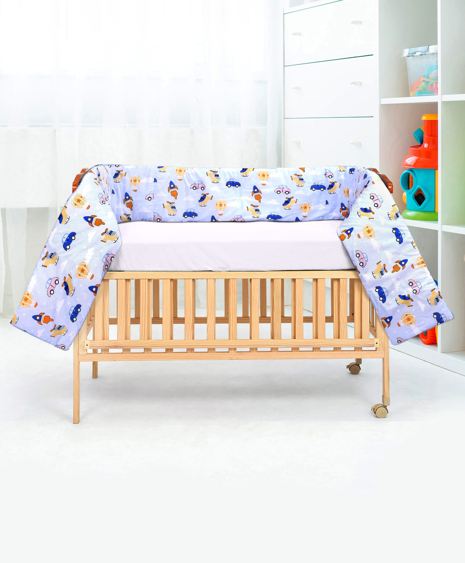 Babyhug 100% Cotton Cot Bumper Transport Print - Blue| Soft Protective Padding| Breathable & Comfortable| Washable| Easy to Assemble| Compact Folding for Storage| Prevents Bumping into Crib Sides-image-43