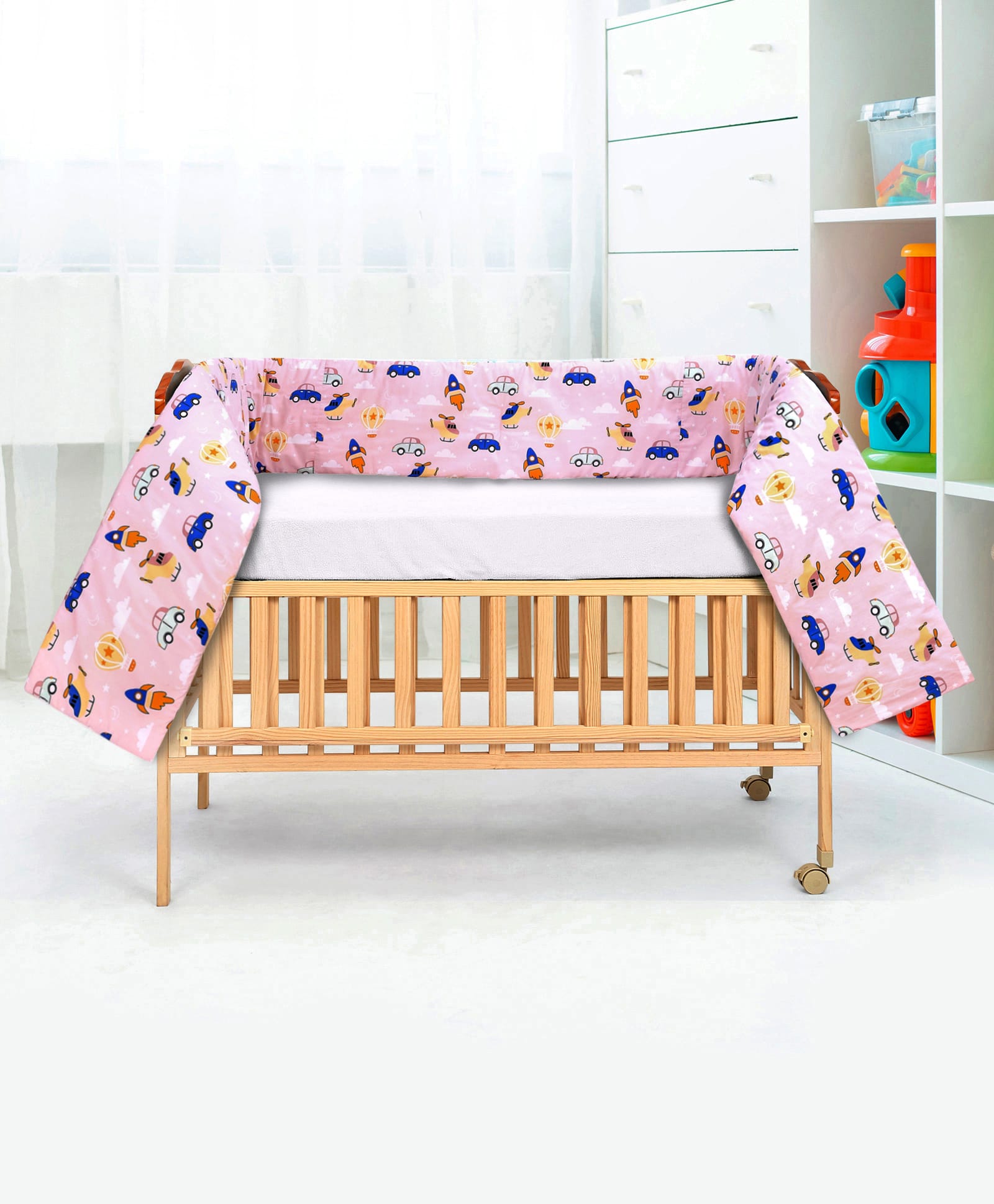 Babyhug 100% Cotton Cot Bumper Transport Print - Pink| Soft Protective Padding| Breathable & Comfortable| Washable| Easy to Assemble| Compact Folding for Storage| Prevents Bumping into Crib Sides-picture-20