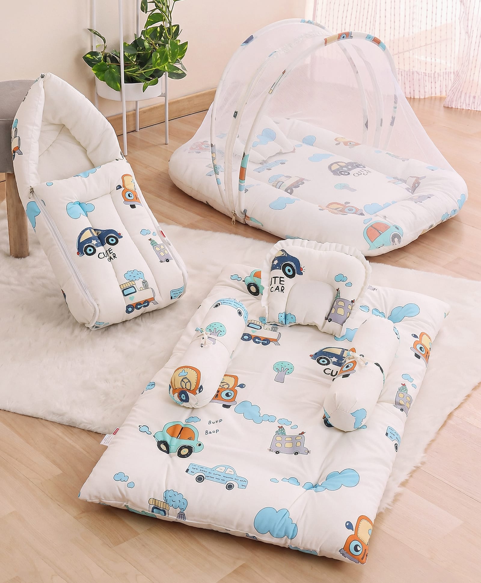 Babyhug Premium Super Saver Bedding Combo Set of 3 - Cute Car Print 100% Cotton| Pillows & Bolsters Included Lightweight & Travel Friendly Breathable Fabric Gifting Option for 0 to 6 Months - Beige-image-2