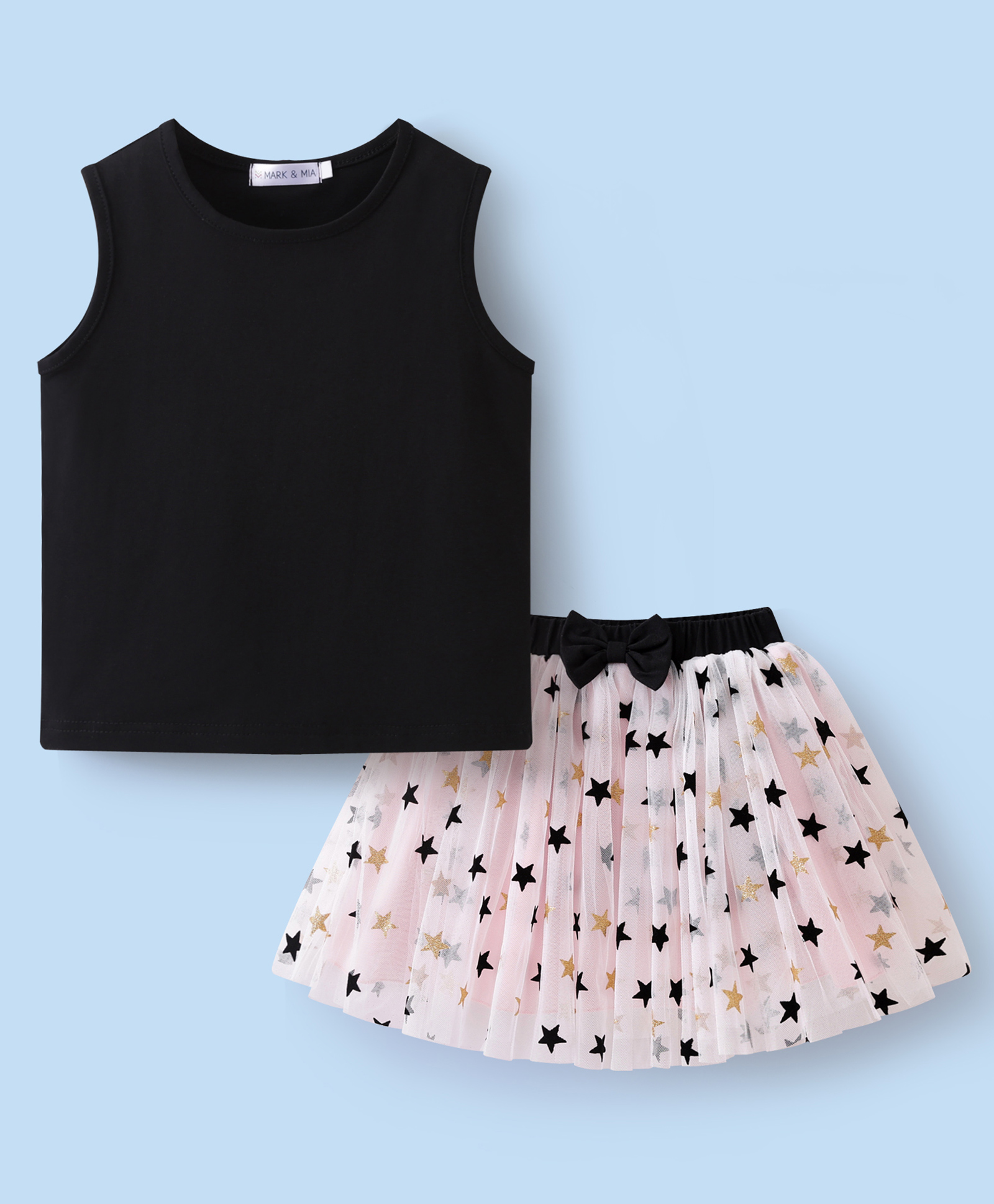Mark & Mia Cotton Sleeveless Solid Tank Top & Skirt Set With Star Print & Bow - Black & Pink