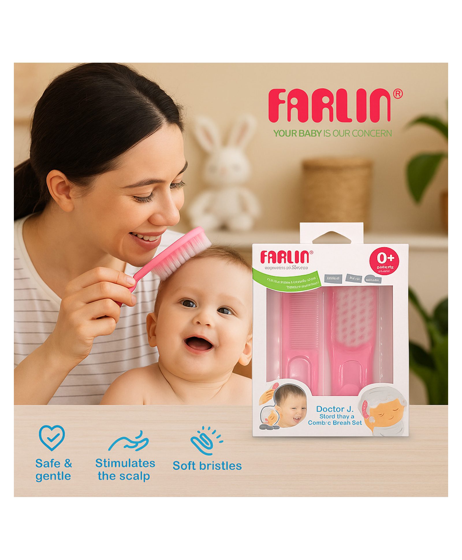 FARLIN BF-150 BABY HAIR COMB and BRUSH SET, Soft nylon Bristles (0M+)(2PCS) Farlin Baby Care Products for Newborns & Infants, Safe & Essential Baby Accessories, Rounded Tips, Durable materials-picture-13