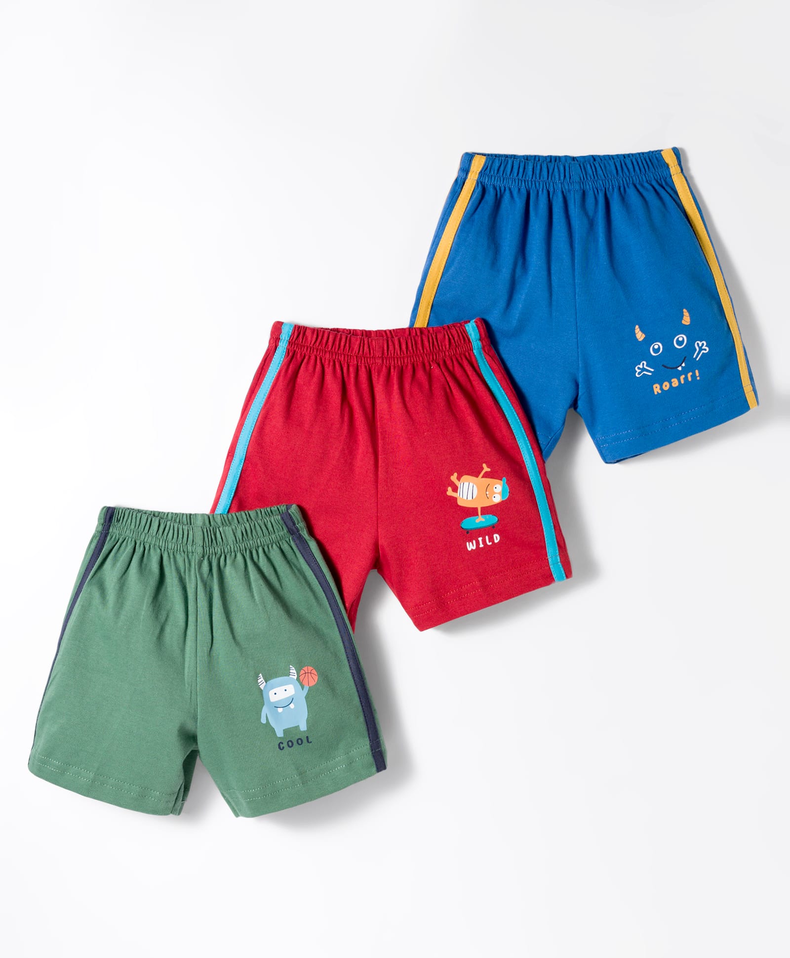 Zero Sinker Knit Above Knee Length Shorts With Text Print Pack Of 3 - Red Olive Green & Blue-picture-22