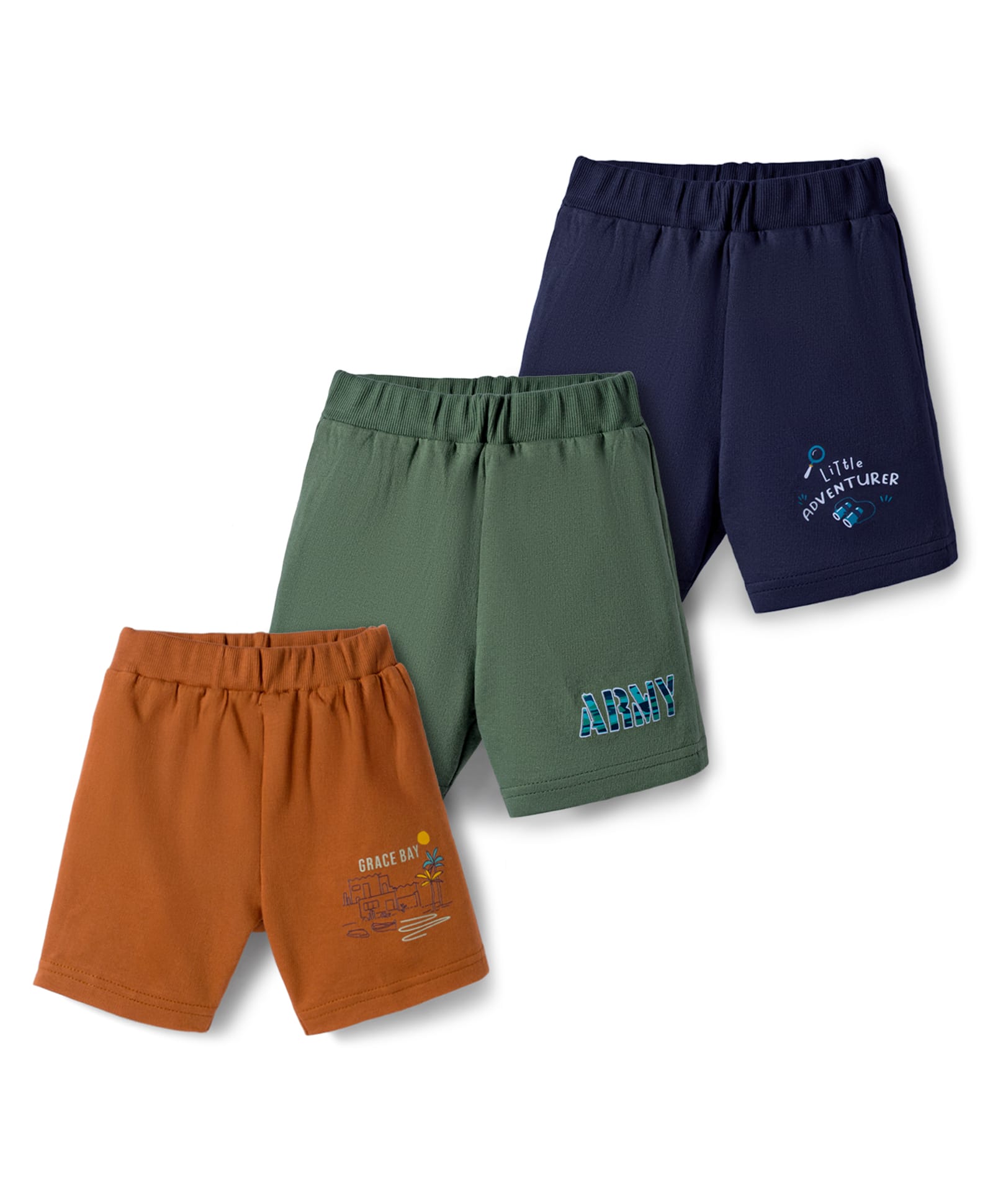 Zero Sinker Knit Above Knee Length Shorts with Text Graphic Pack of 3 - Navy Blue Olive & Rust-picture-26