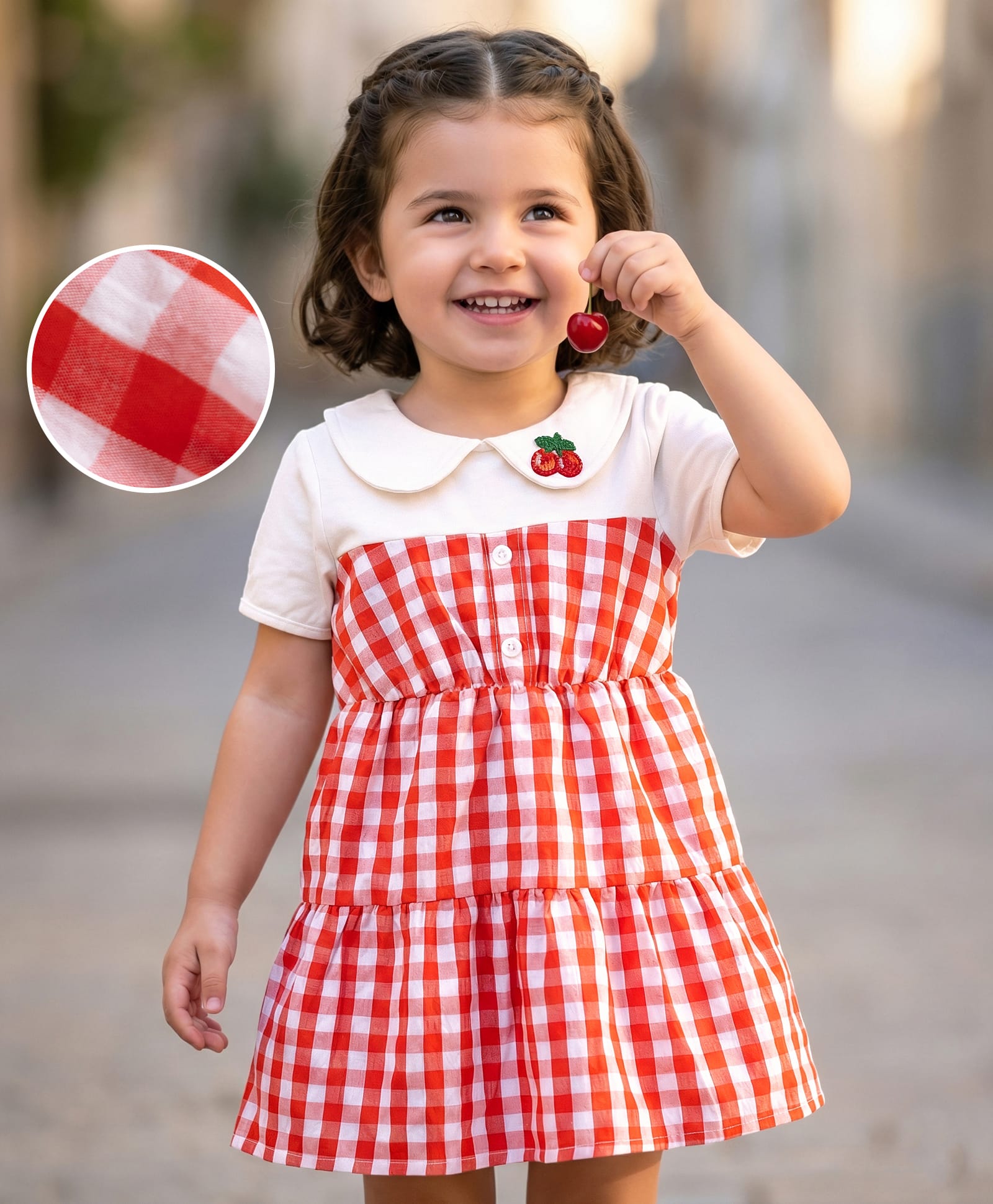 Mark & Mia Half Sleeves Checks Frock With Cherry Embroidery - Red-image-33