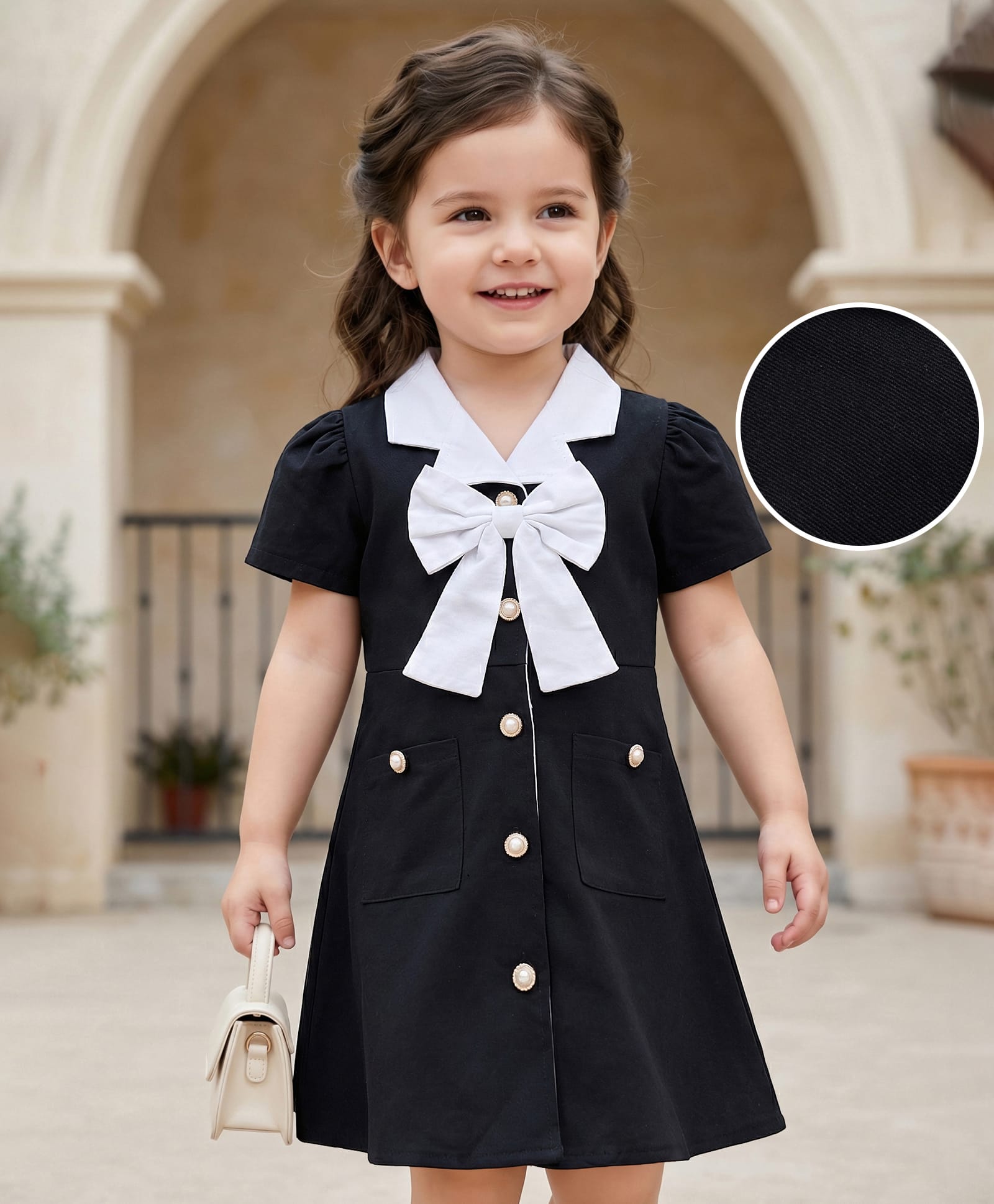 Mark & Mia Half Sleeves Solid Frock With Bow Applique - Black-image-13