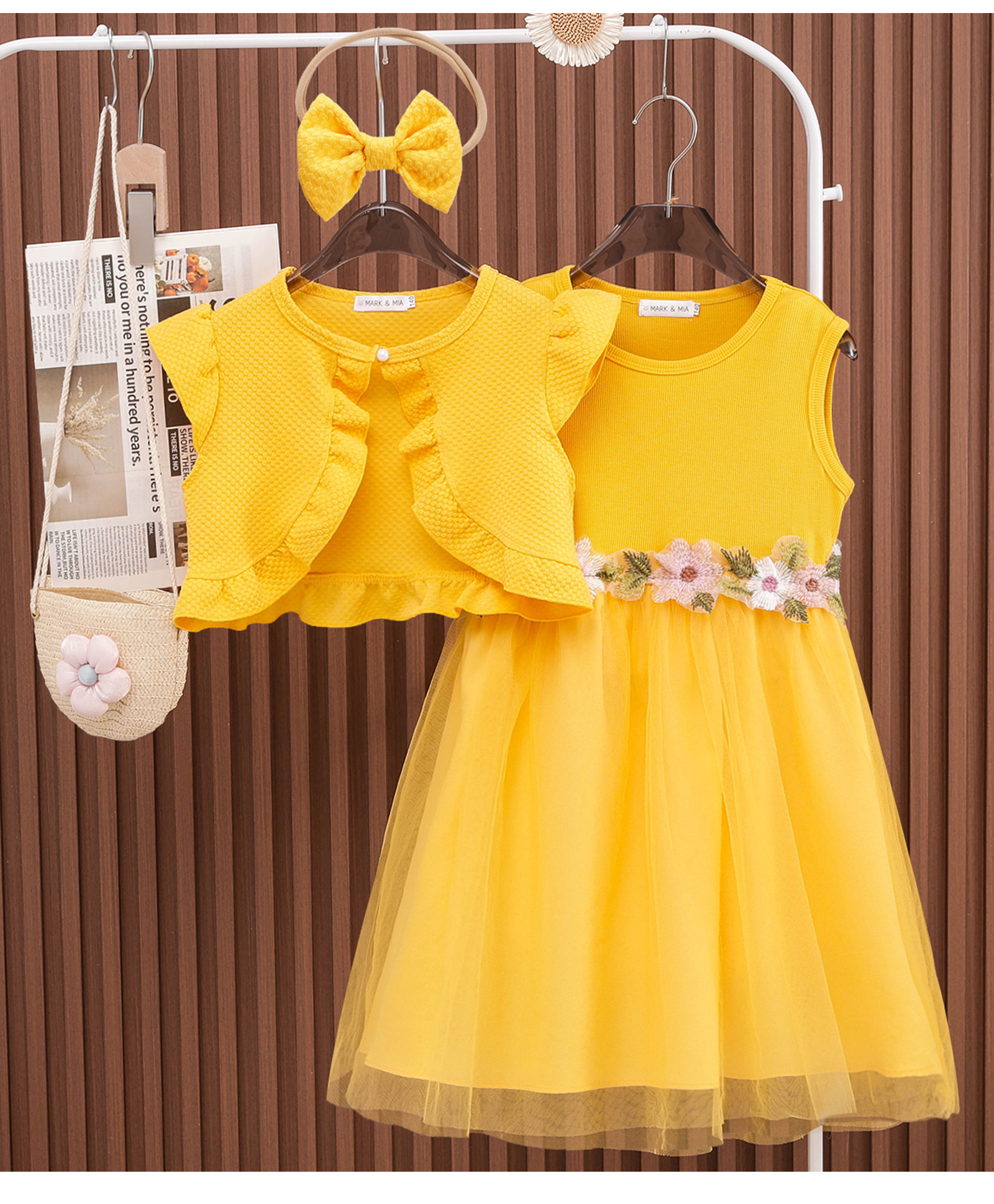 Mark & Mia Solid Frock & Cap Sleeves Shrug With Headband - Yellow-image-17