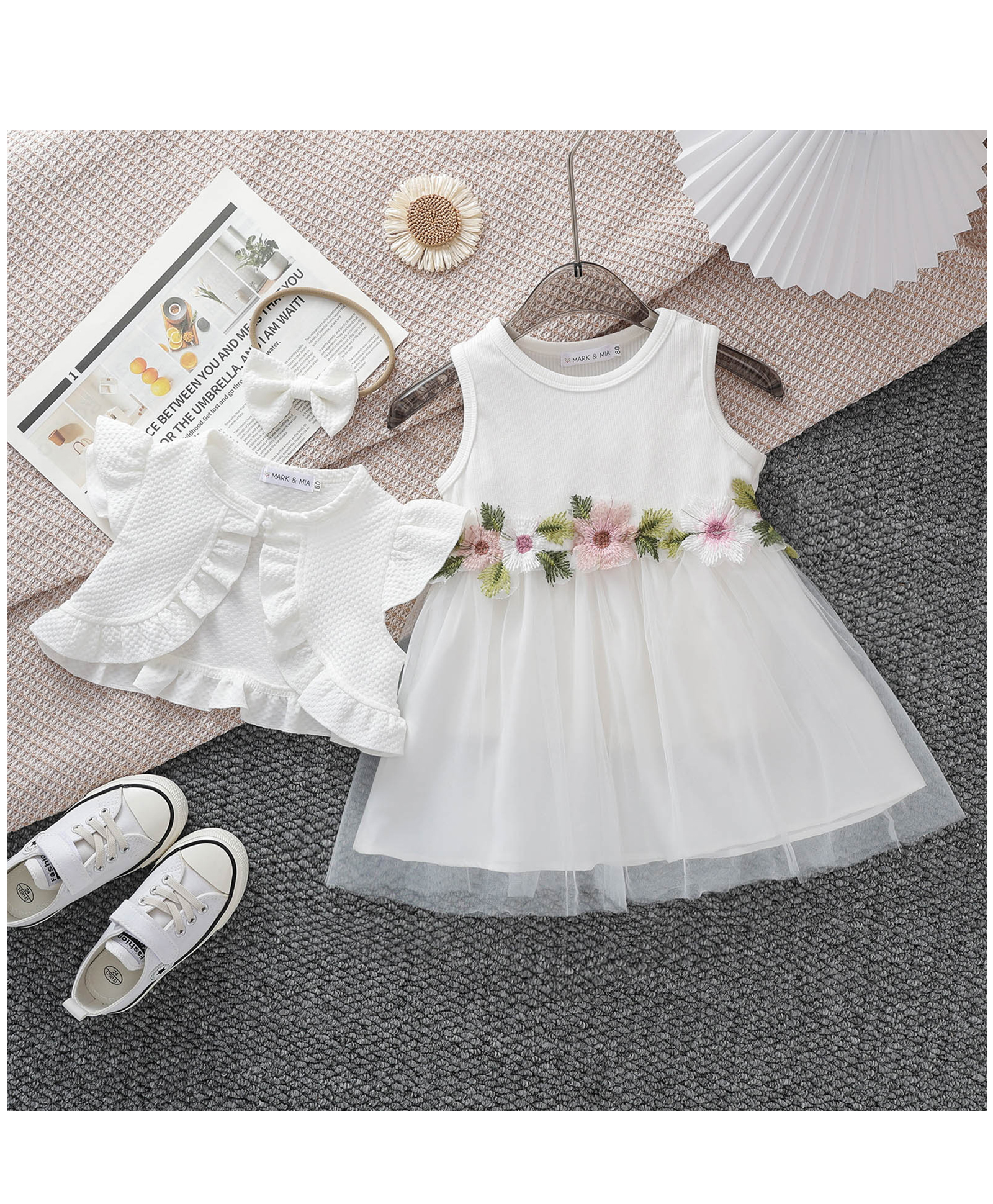 Mark & Mia Sleeveless Solid Textured & Floral Applique Frock With Shrug & Headband - White-image-35