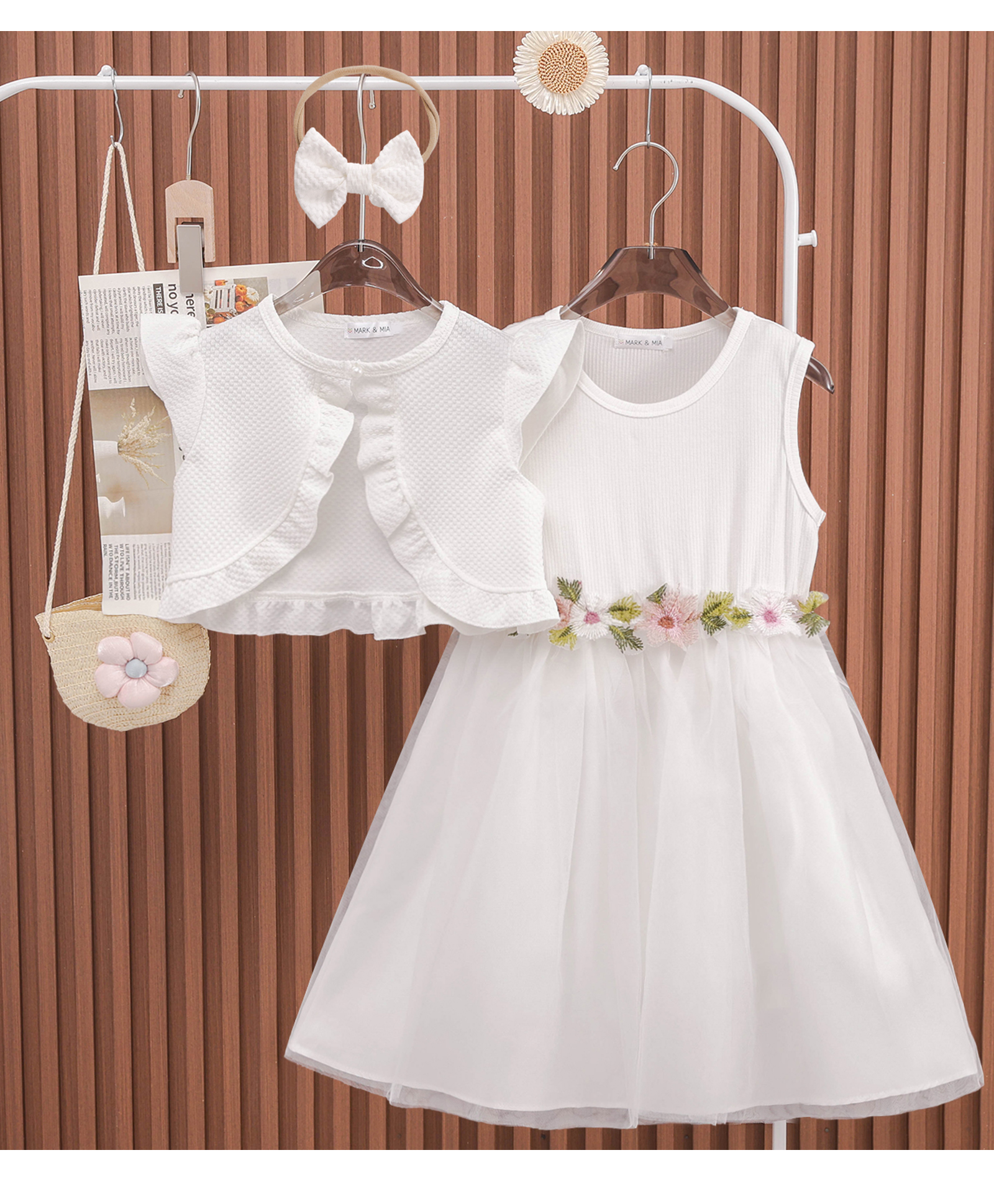 Mark & Mia Solid Frock & Cap Sleeves Shrug With Headband - White-image-19