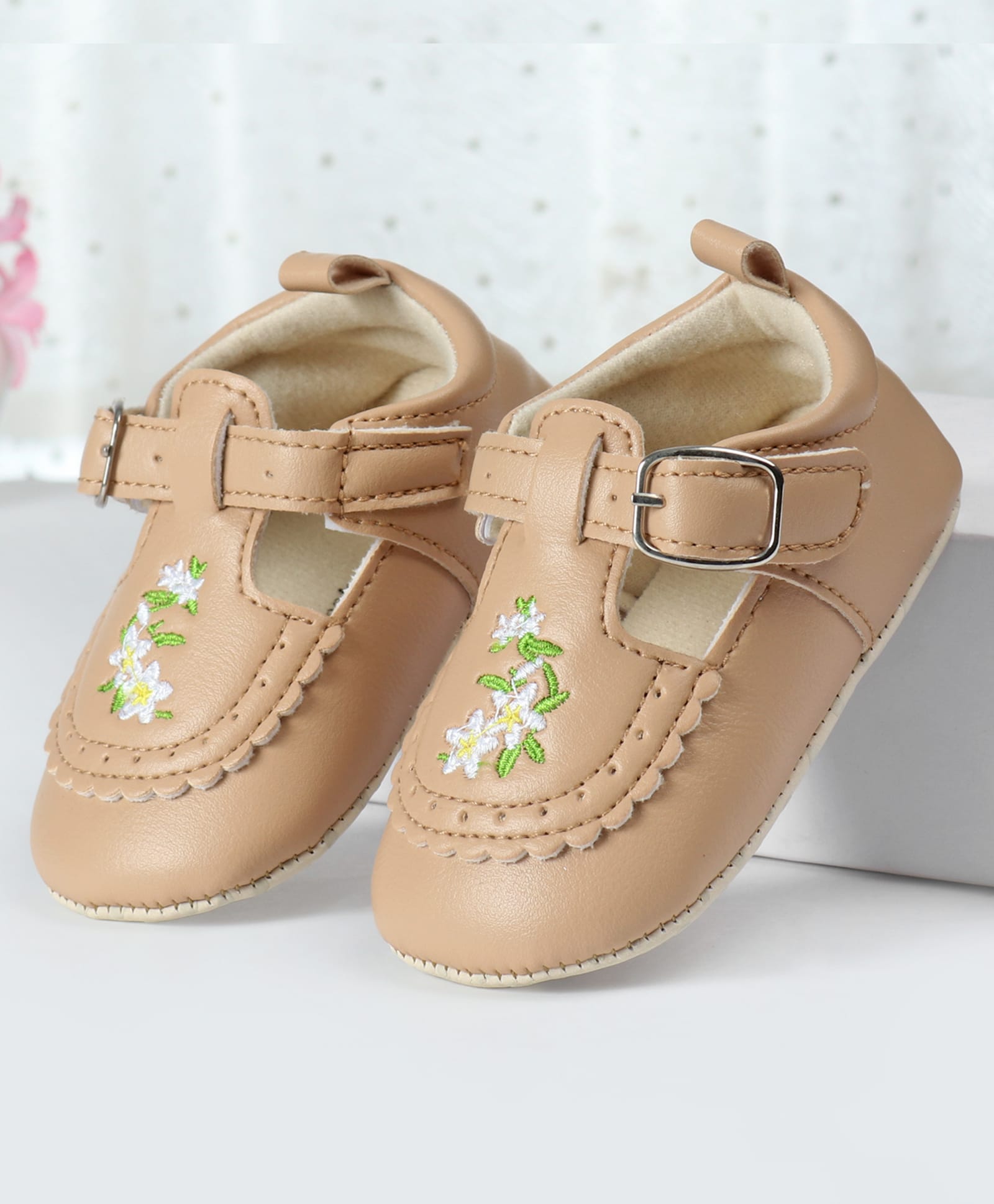 Cute Walk by Babyhug Velcro Closure Booties with Floral Embroidery - Beige