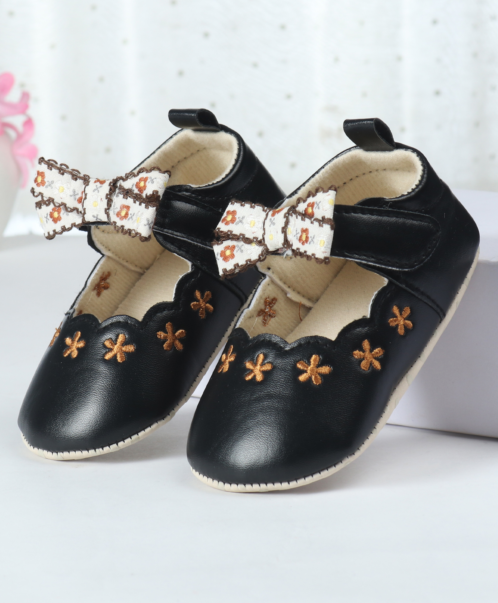 Cute Walk by Babyhug Velcro Closure Booties with Floral Embroidery & Bow Applique - Black-image-40
