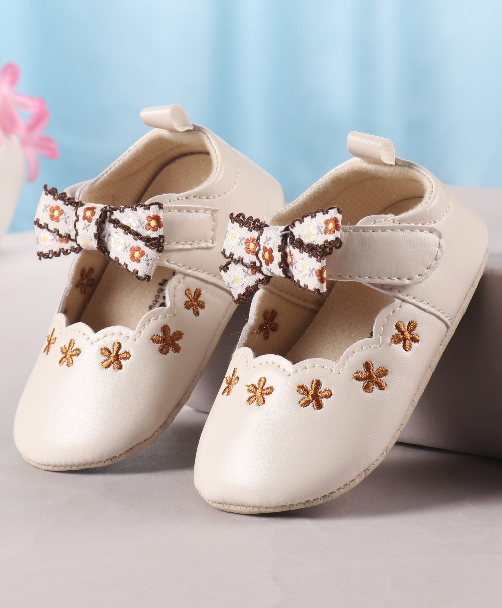 Cute Walk by Babyhug Velcro Closure Booties with Floral Embroidery & Bow Applique - White