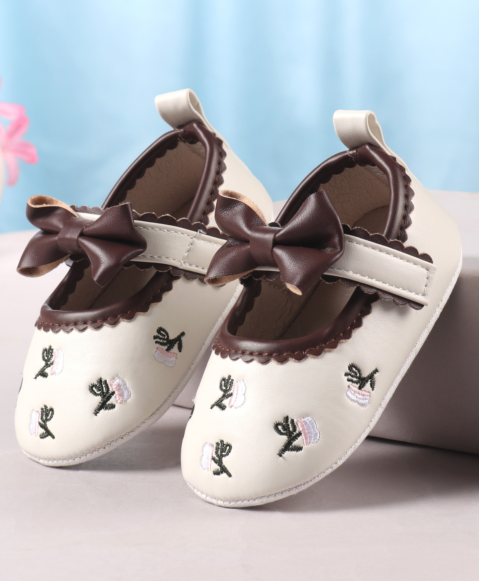 Cute Walk by Babyhug Velcro Closure Booties with Floral Embroidery & Bow Applique - White