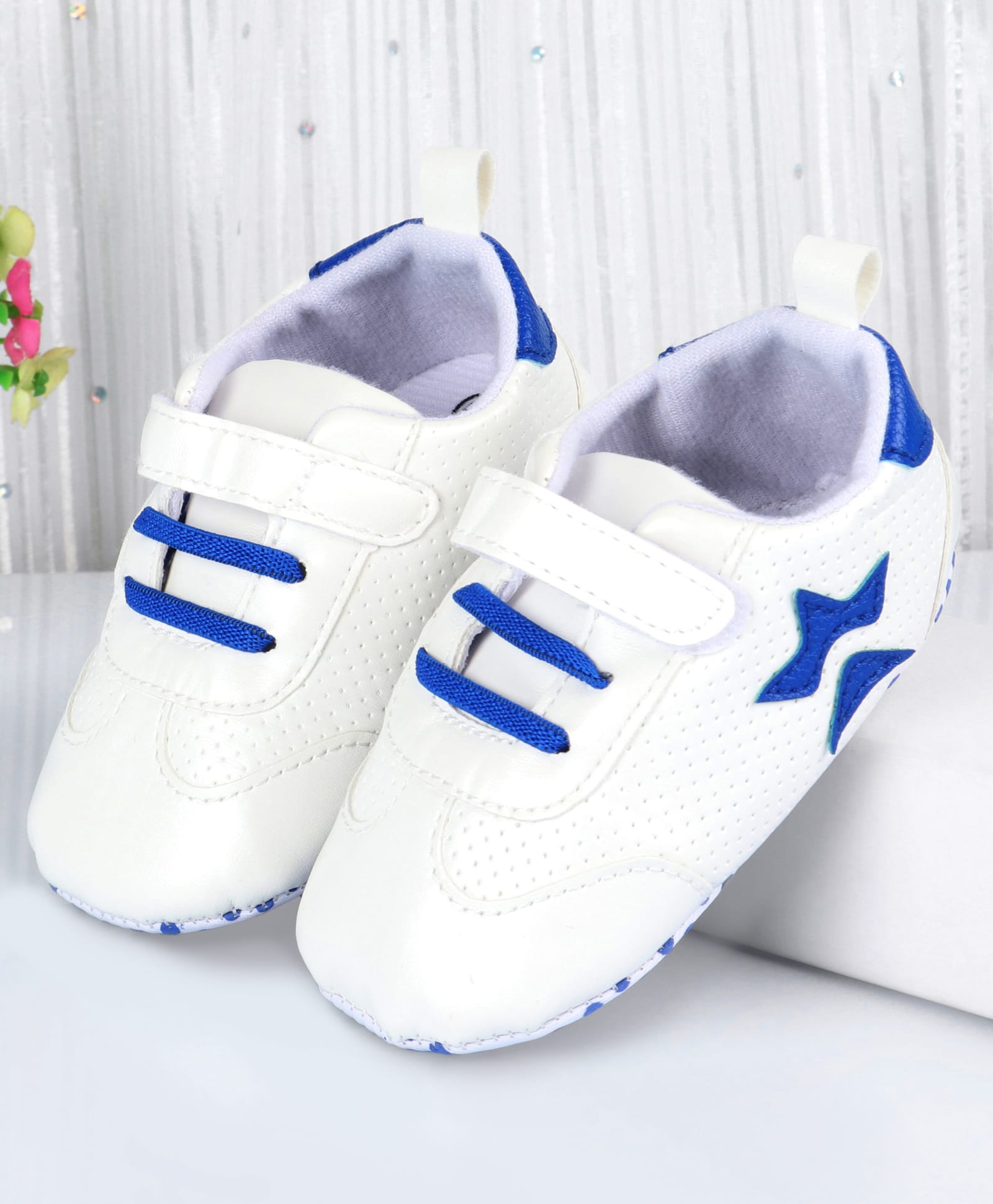 Cute Walk by Babyhug Velcro Closure Booties with Star Applique - Blue & White-image-32