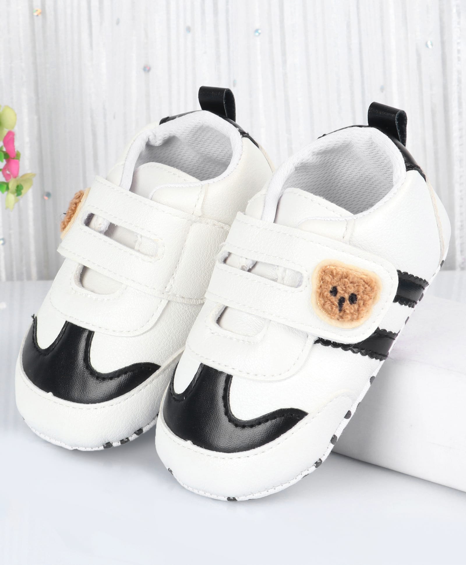 Cute Walk by Babyhug Velcro Closure Booties with Bear Applique - Black & White-image-30