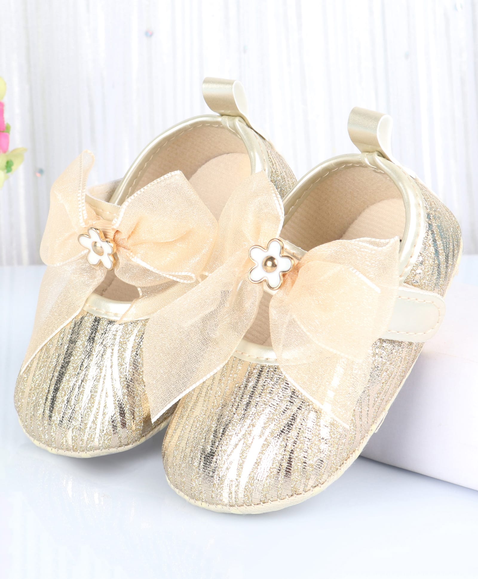 Cute Walk by Babyhug Velcro Closure Booties with Bow Applique - Golden