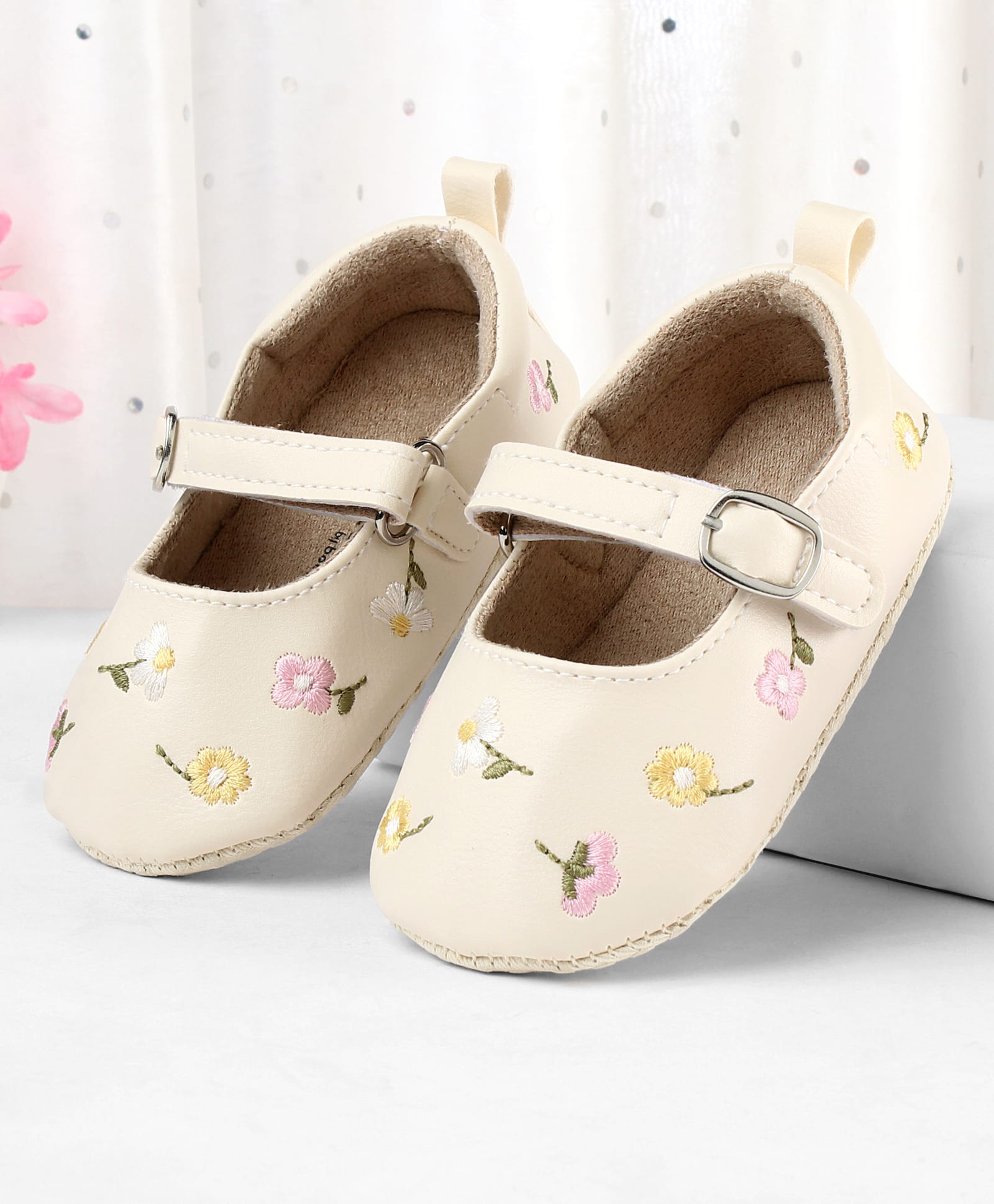 Cute Walk by Babyhug Velcro Closure Booties with Floral Embroidery - White-picture-12