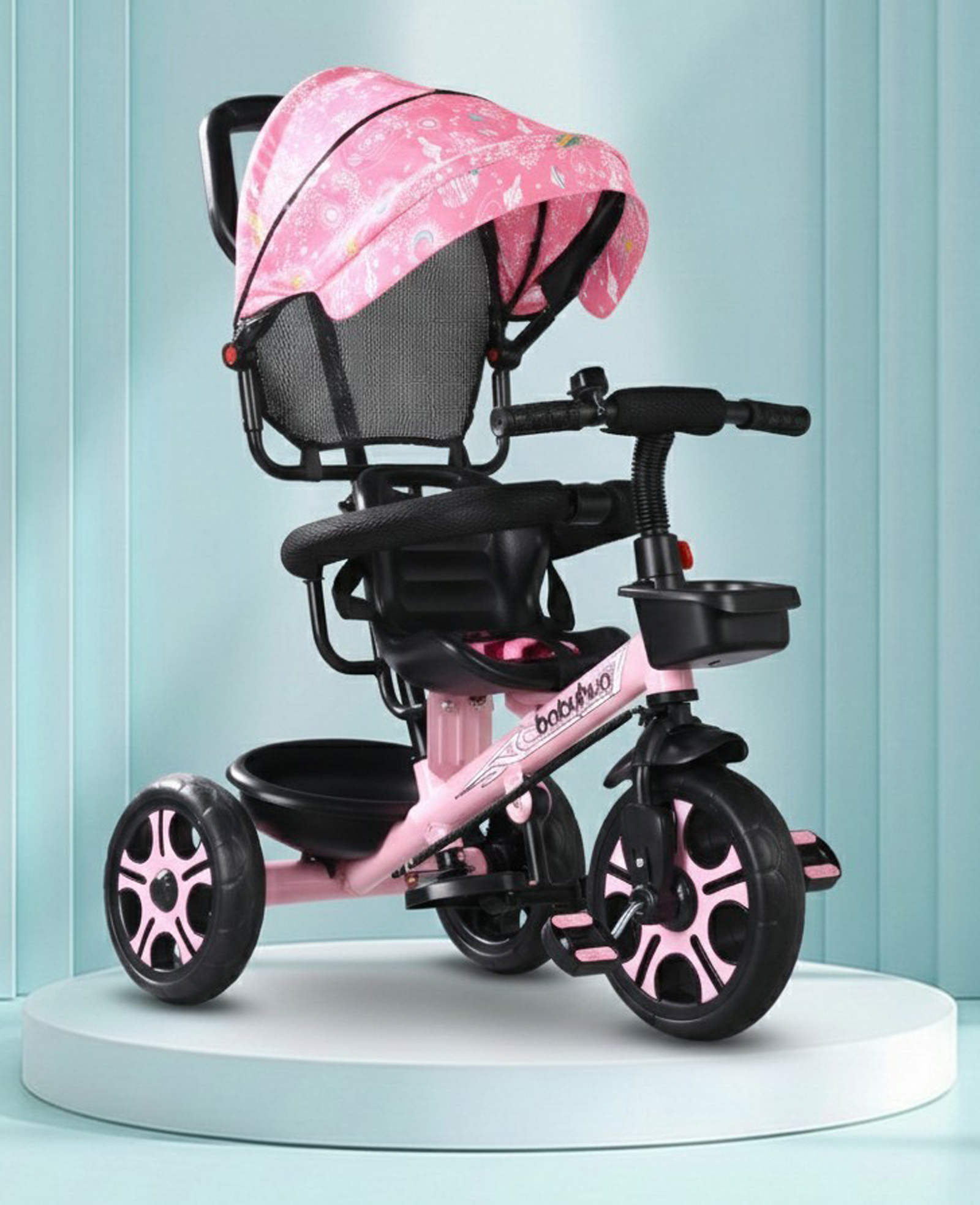 Babyhug Plug & Play Tricycle with Parental Push Handle & Foldable Canopy - Pink| Foldable Footrest| Non Slip Pedal| High Backrest| Storage Basket| Removable Safety Rail & Harness| Cushion Seat