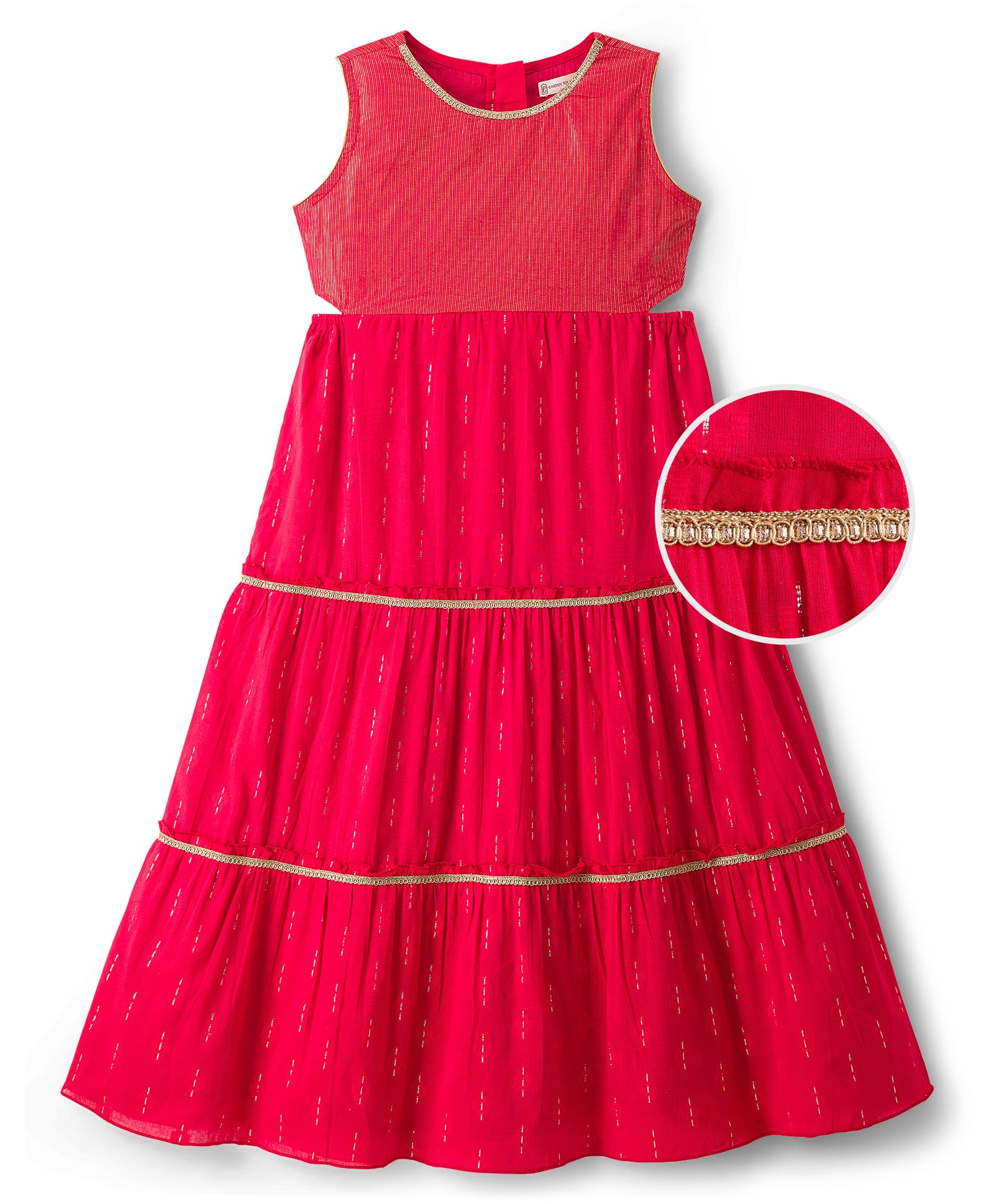 EARTHY TOUCH Cotton Lurex Woven Sleeveless Solid Ethnic Dress - Red-image-46