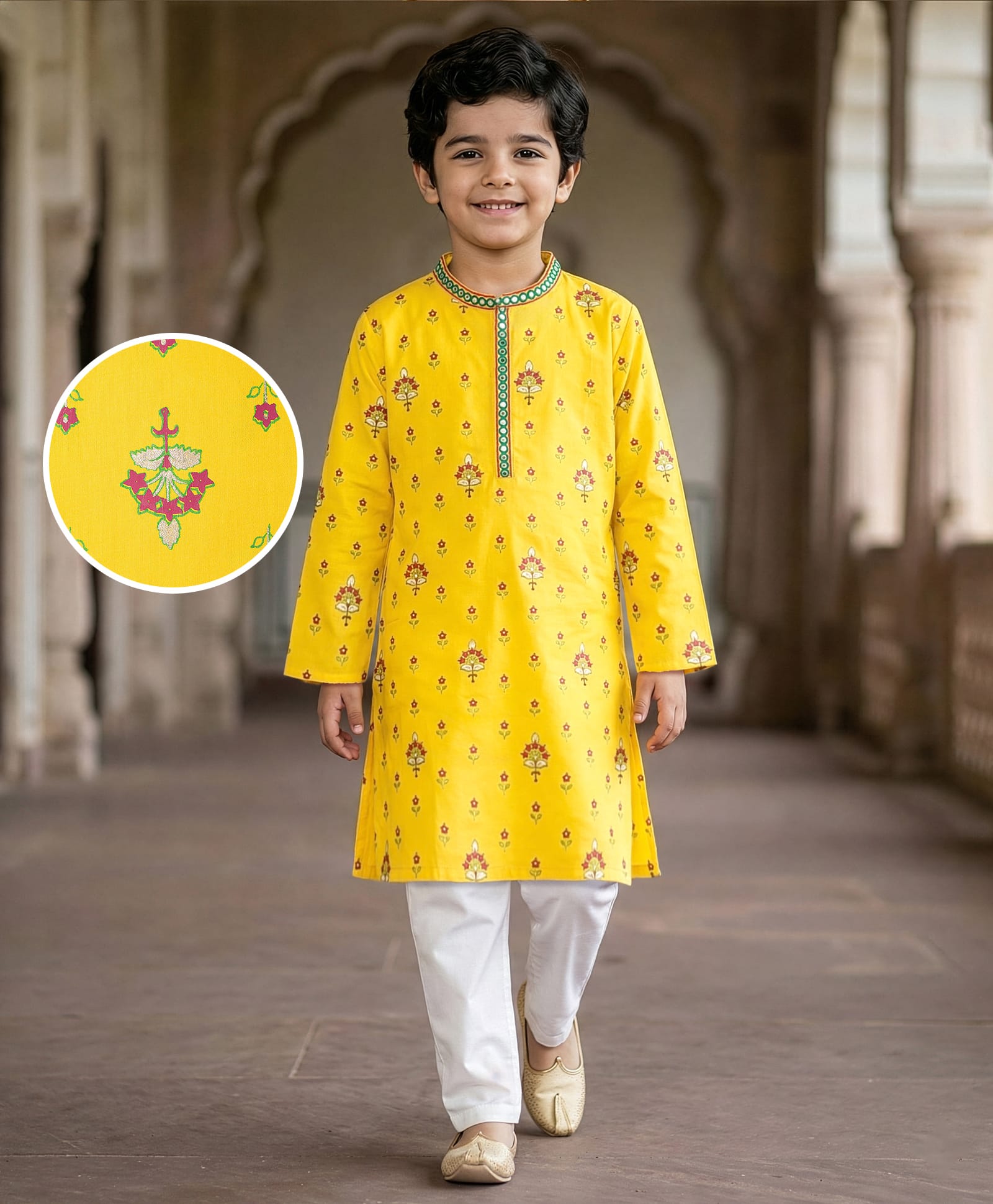EARTHY TOUCH Viscose Woven Full Sleeves Kurta & Pajama Set With Floral Print - Yellow-picture-20