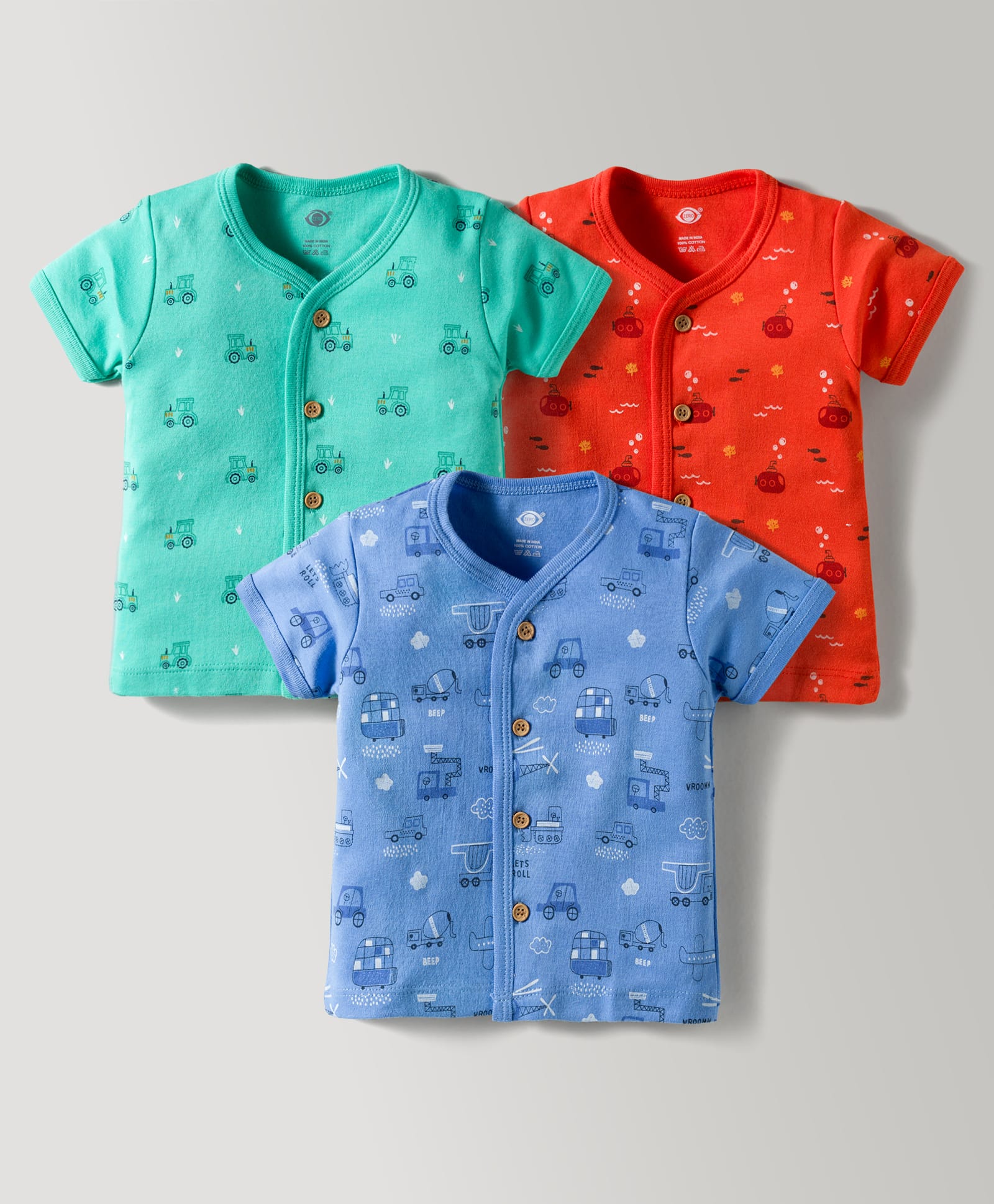 Zero Interlock Knit Half Sleeves Front Open Vests with Vehicle Print Pack of 3 - Red Sea Green & Blue-picture-16