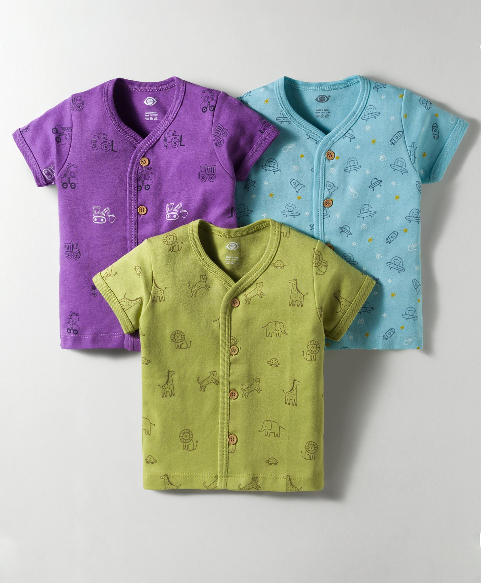 Zero Interlock Knit Half Sleeves Front Open Vests with Vehicle Print Pack of 3 - Aqua Blue Voilet & Lime Green-image-6