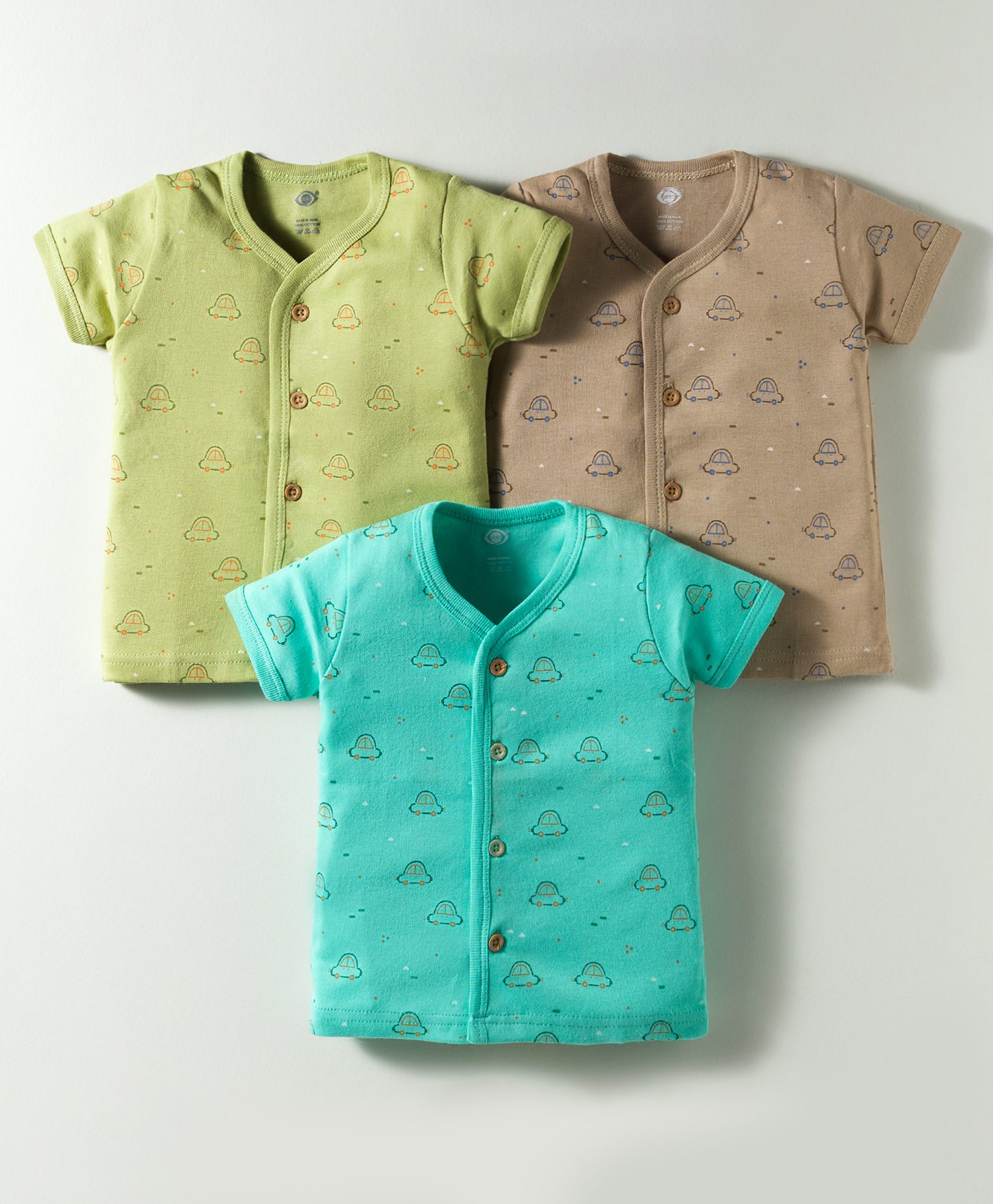 Zero Interlock Knit Half Sleeves Front Open Vests with Vehicle Print Pack of 3 - Sea Green Light Brown & Limegreen-picture-48