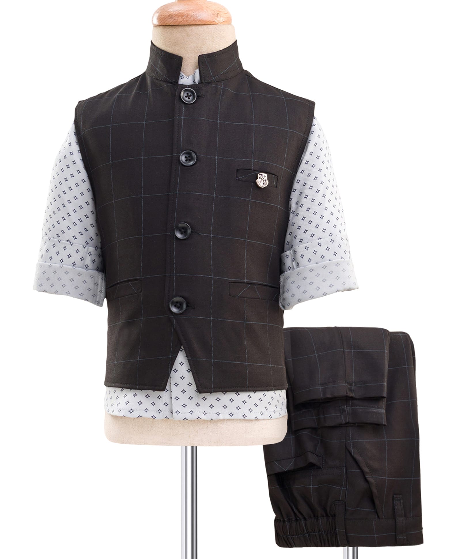 Noddy Full Sleeves Checked 3 Piece Party Suit Set - Black & Blue-image-48
