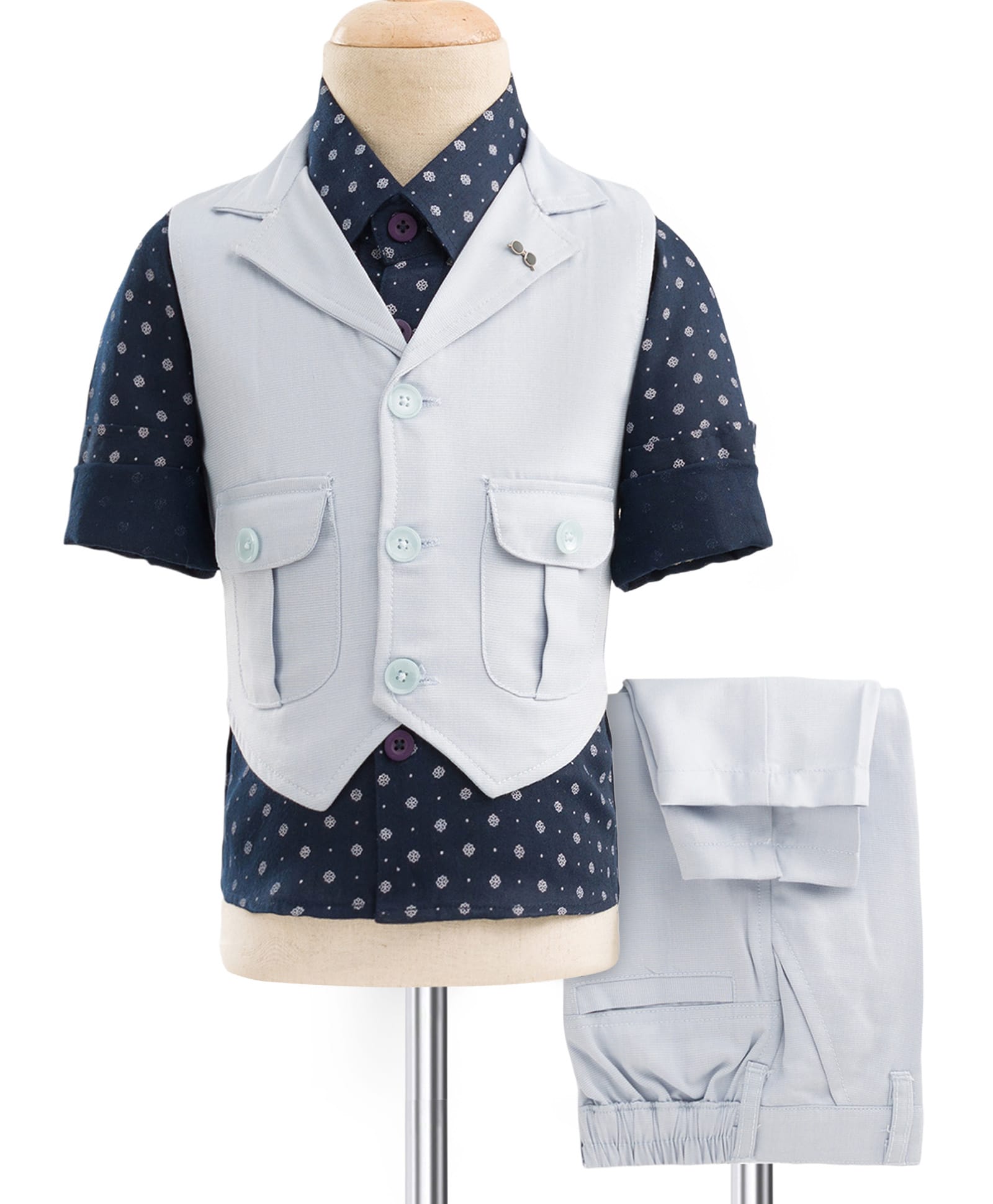 Noddy Full Sleeves Floral Printed 3 Piece Party Suit Set - Light Blue-image-8