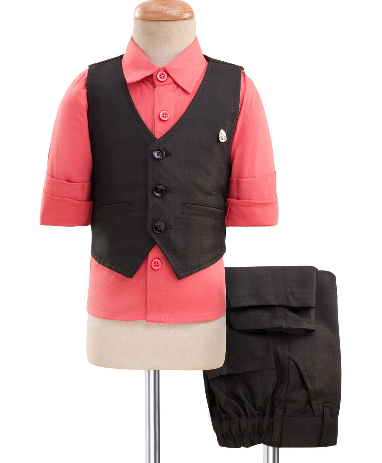 Noddy Full Sleeves Solid 3 Piece Party Suit Set - Black & Peach-image-15