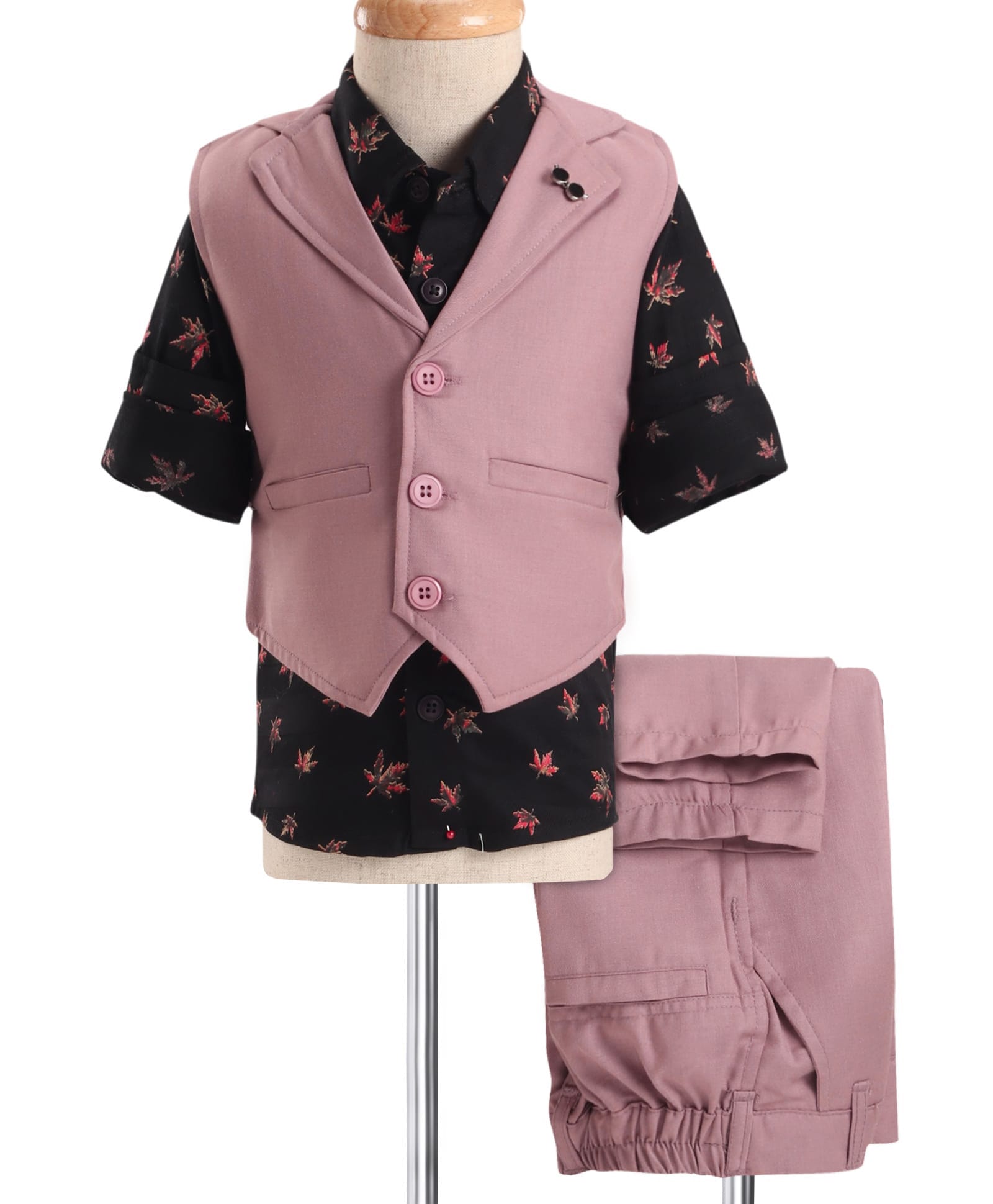 Noddy Full Sleeves Maple Leaf Printed Sunglasses Designed Brooch Detailed 3 Piece Party Suit Set - Peach-picture-29
