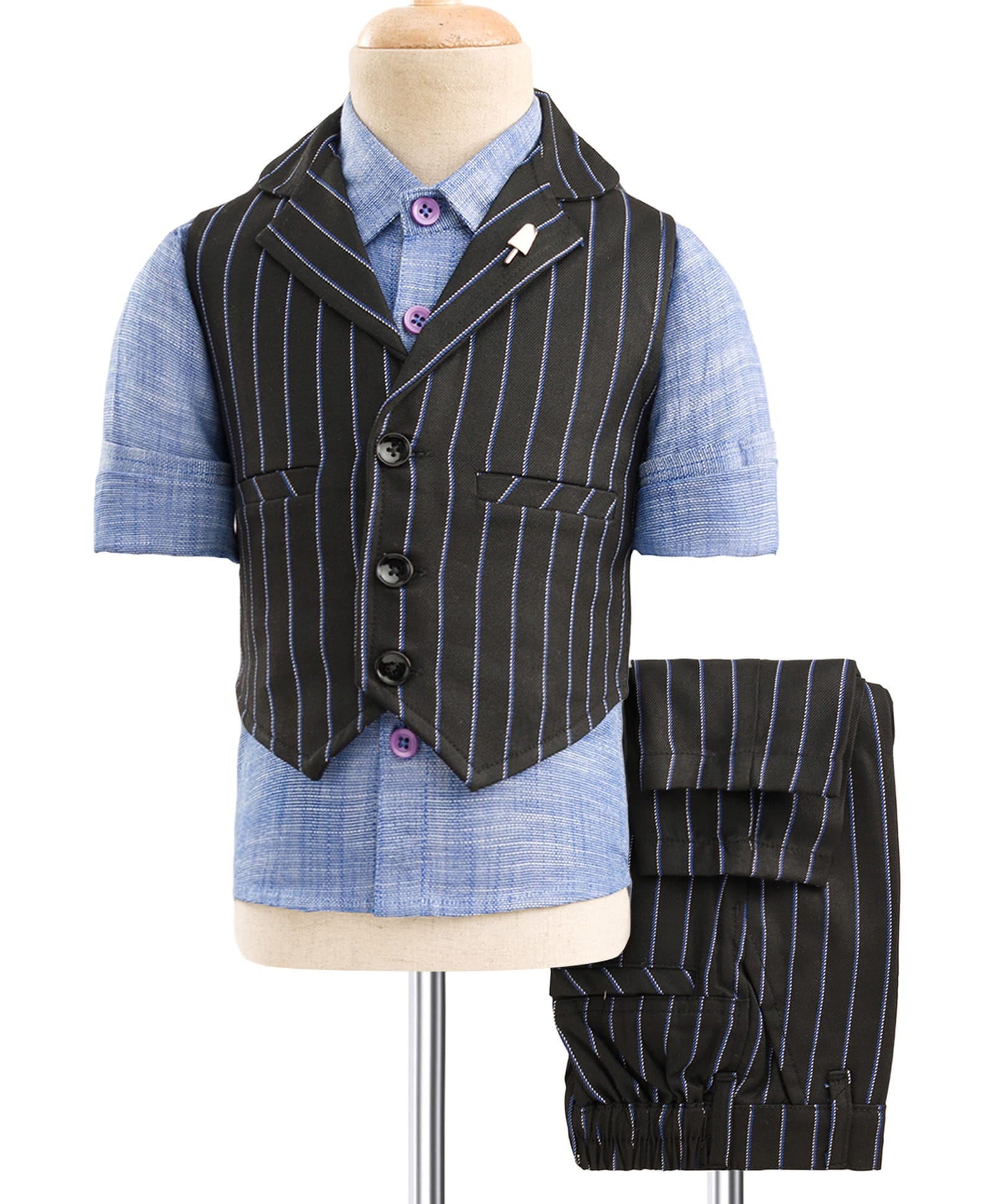 Noddy Full Sleeves Pin Stripes Embroidered 3 Piece Party Suit Set - Black & Blue-picture-25