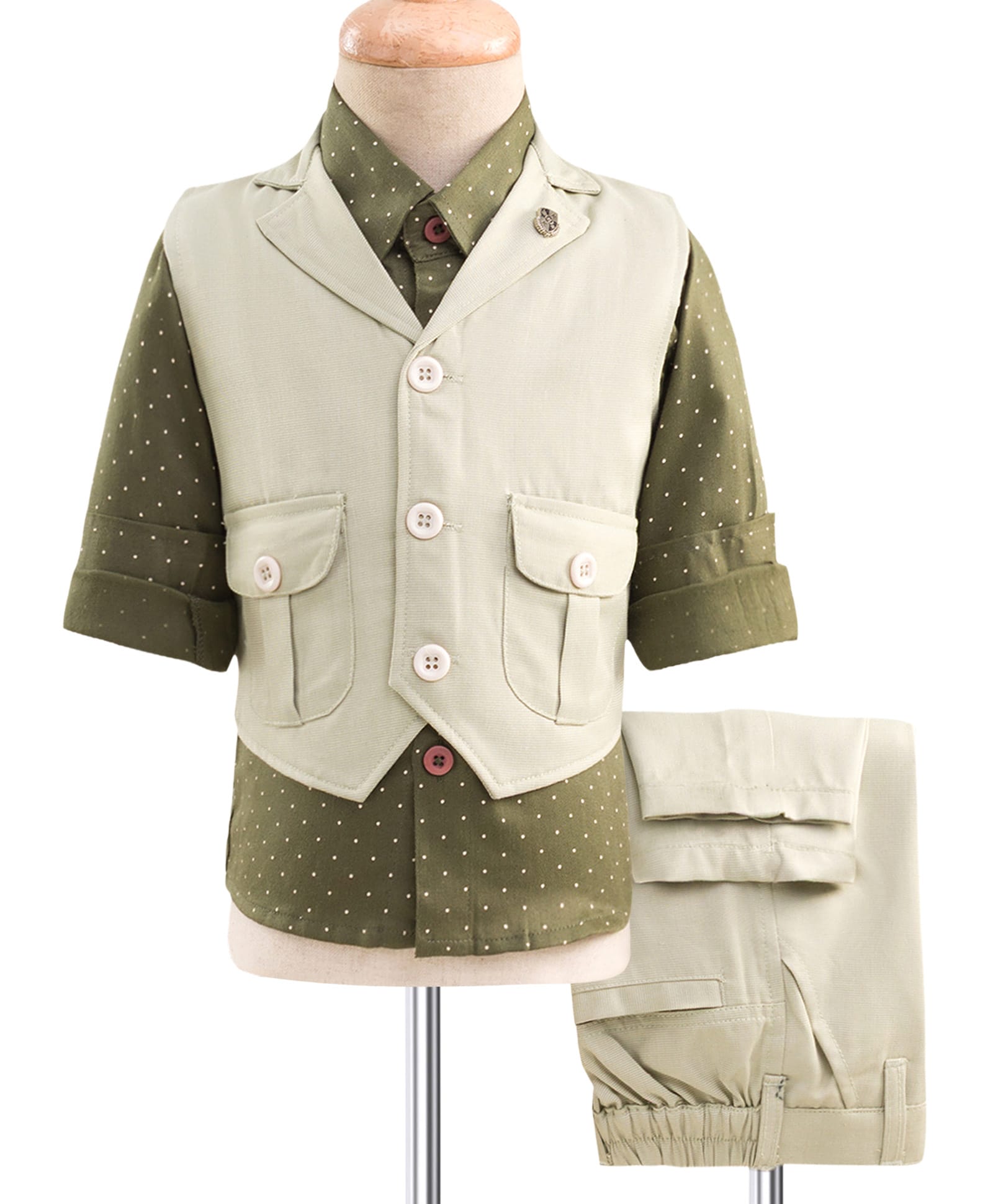 Noddy Full Sleeves Polka Dots Printed 3 Piece Party Suit Set - Pista Green-image-49