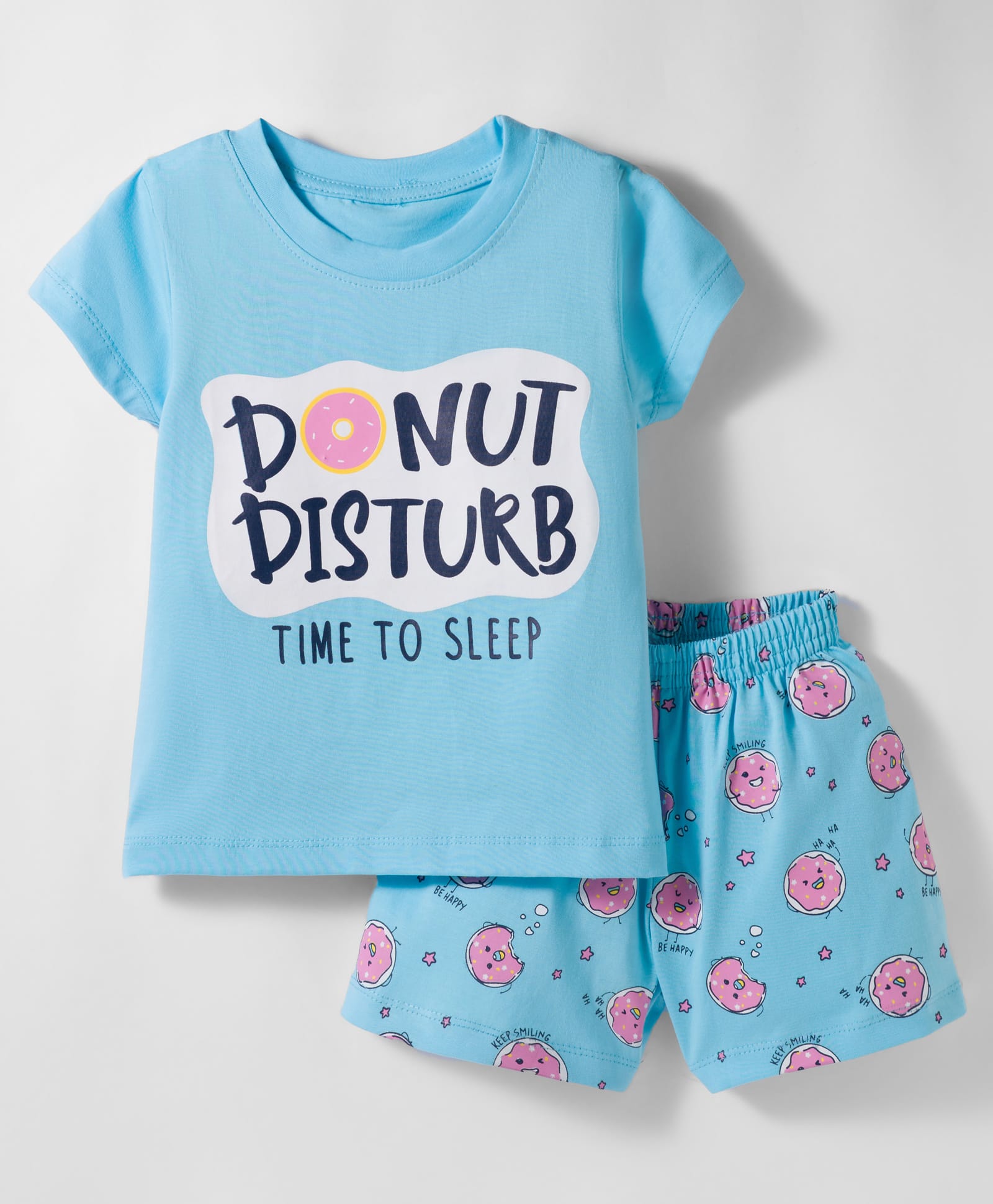 Smarty Girls Sinker Knit Half Sleeves Shorts Night Suit with Donuts Prints - Light Blue-picture-31