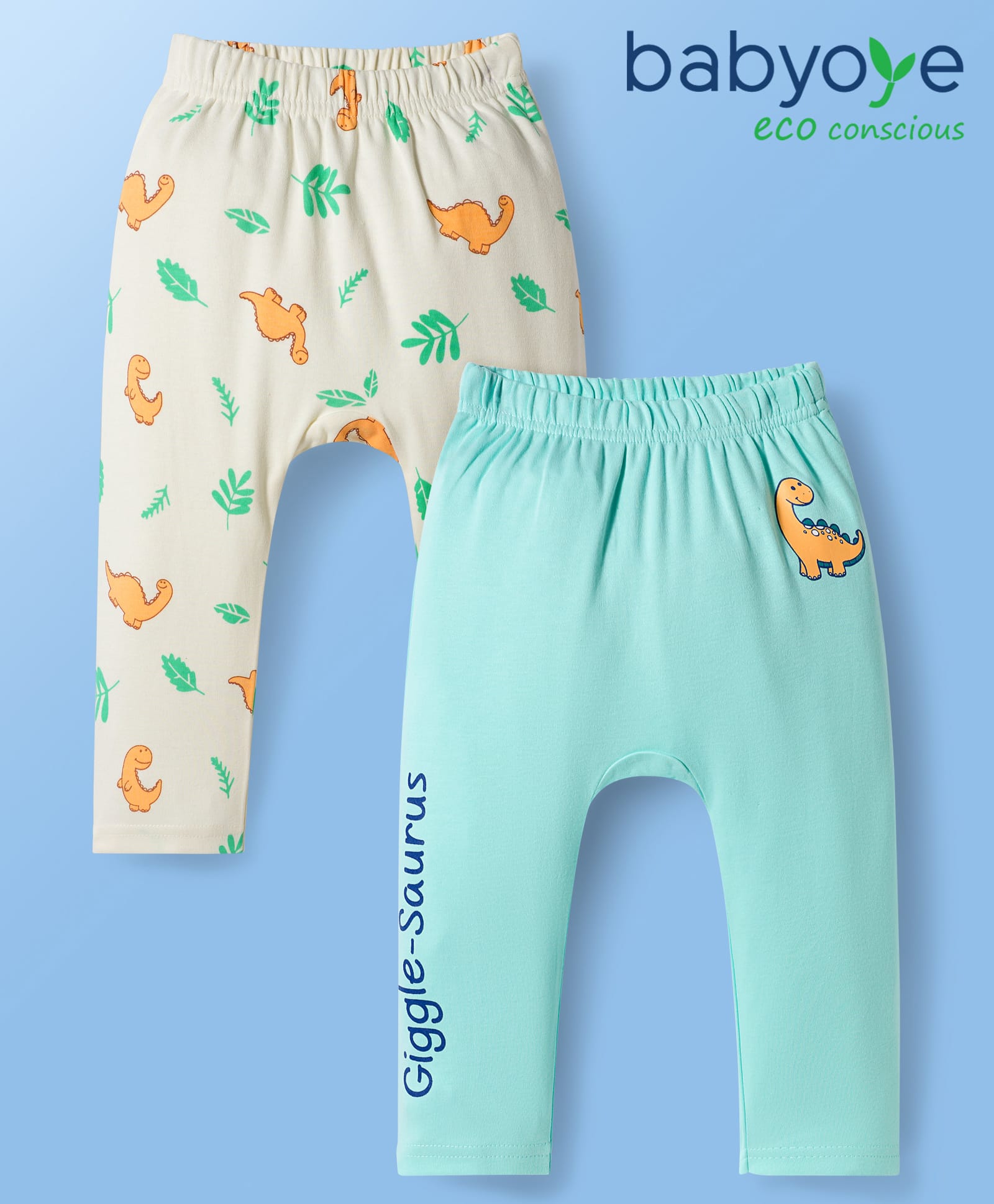 Babyoye 100% Cotton Interlock Knit Full Length Diaper Leggings With Animal Print Pack Of 2 - Aqua & Cream-picture-12