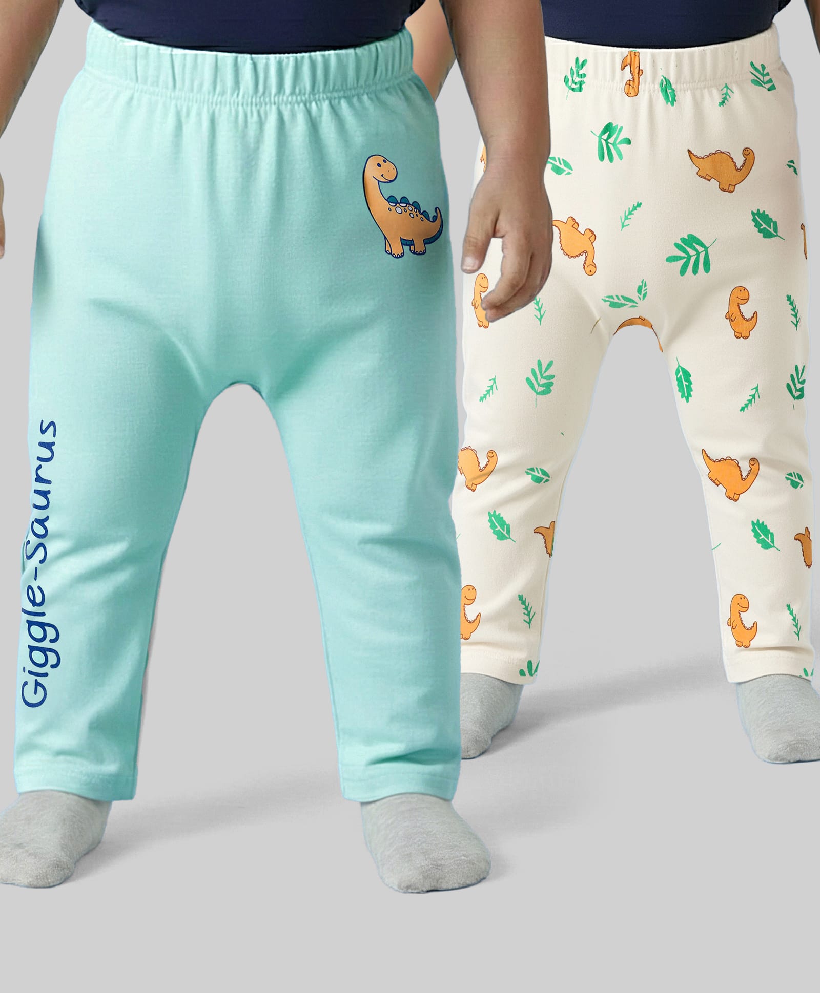 Babyoye 100% Cotton Interlock Knit Full Length Diaper Leggings With Animal Print Pack Of 2 - Aqua & Cream-picture-21