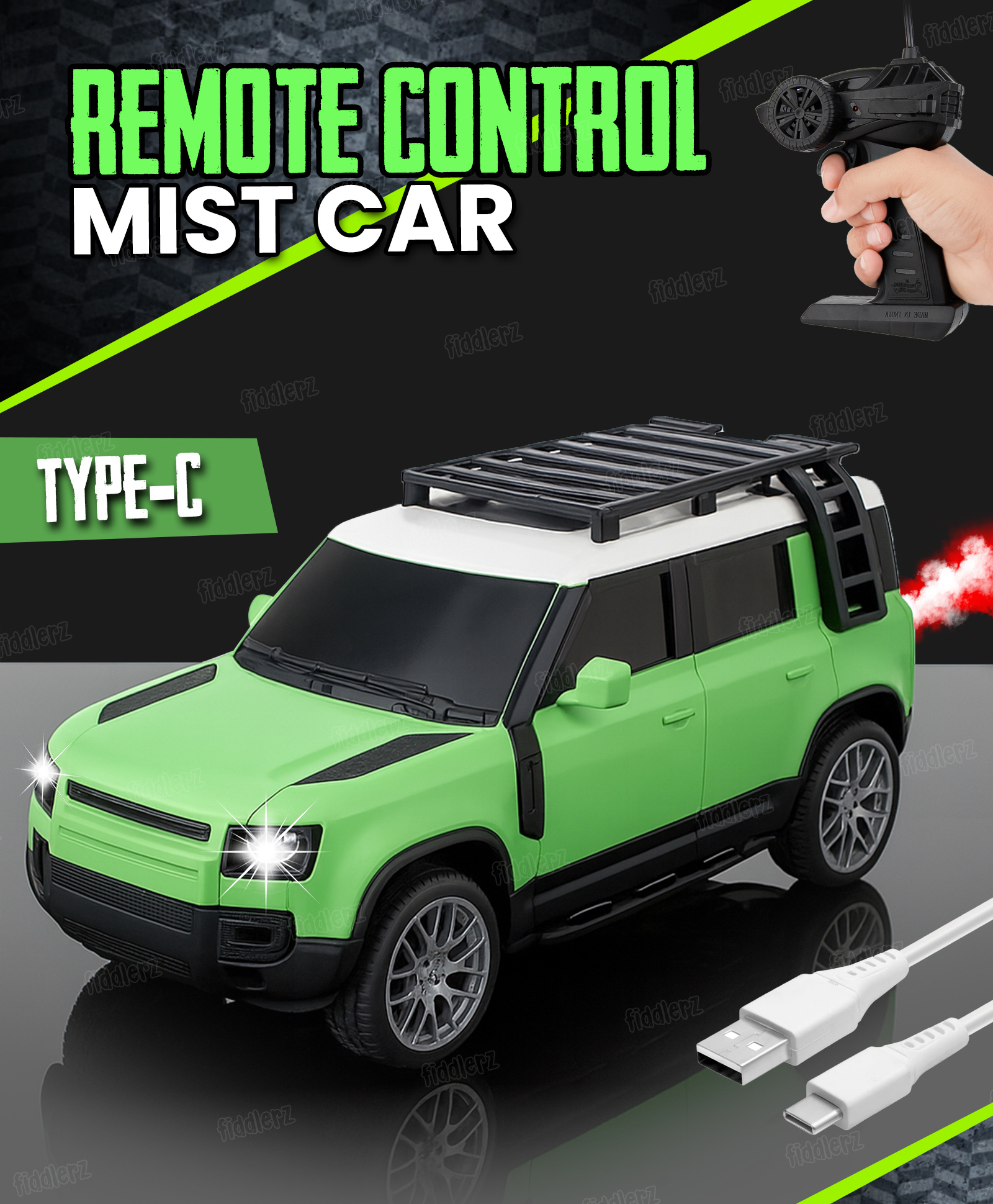 Fiddlerz Remote Control Car Toy for Kids with Mist Spray Action High Speed RC Car Type- C Rechargeable RC Vehicle for Boys and Girls Age 3+ (Green)