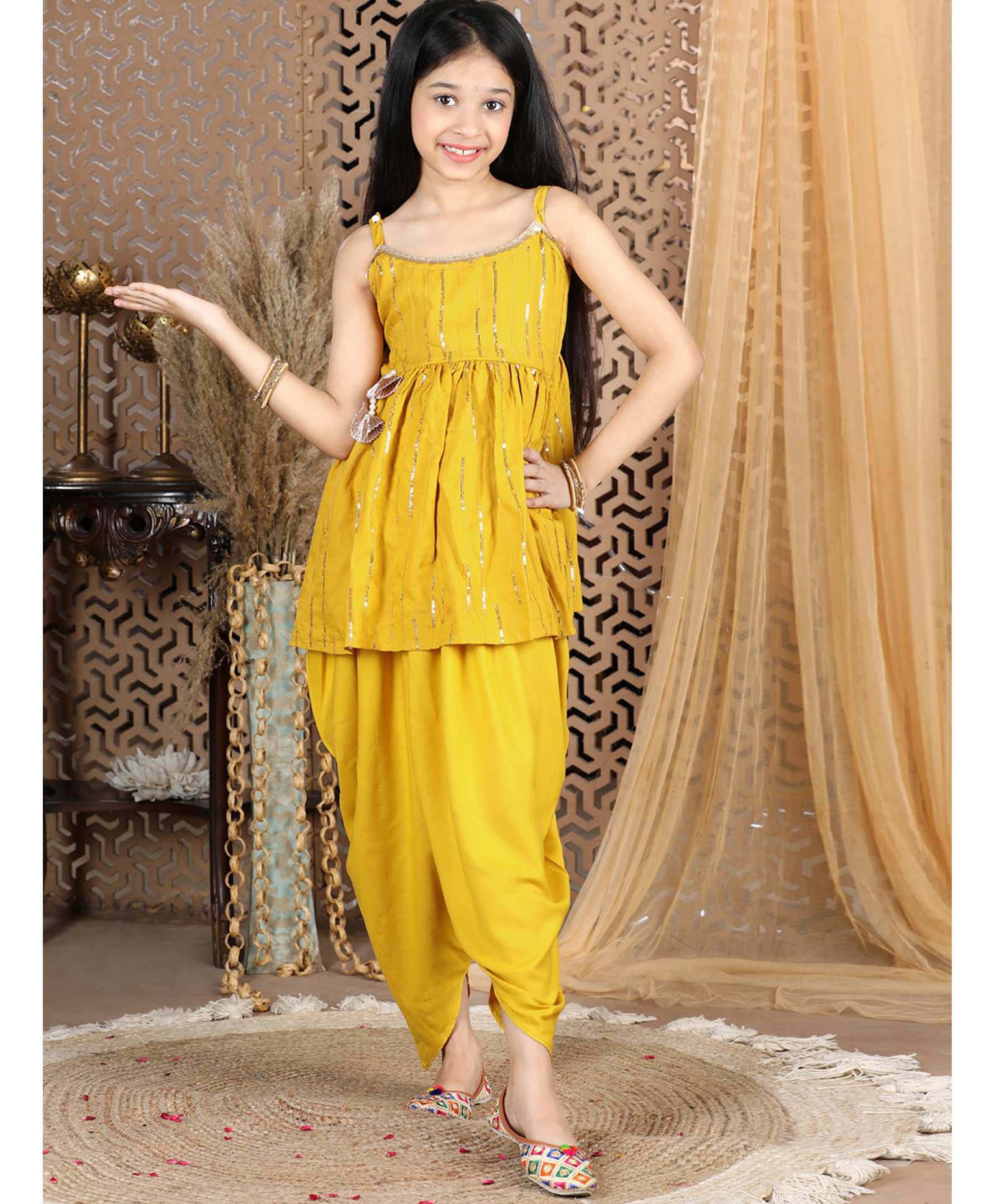 Cutiekins Viscose Rayon Woven Sleeveless Sequin & Gota Lace Embellished Kurti Dhoti Set - Yellow-picture-28