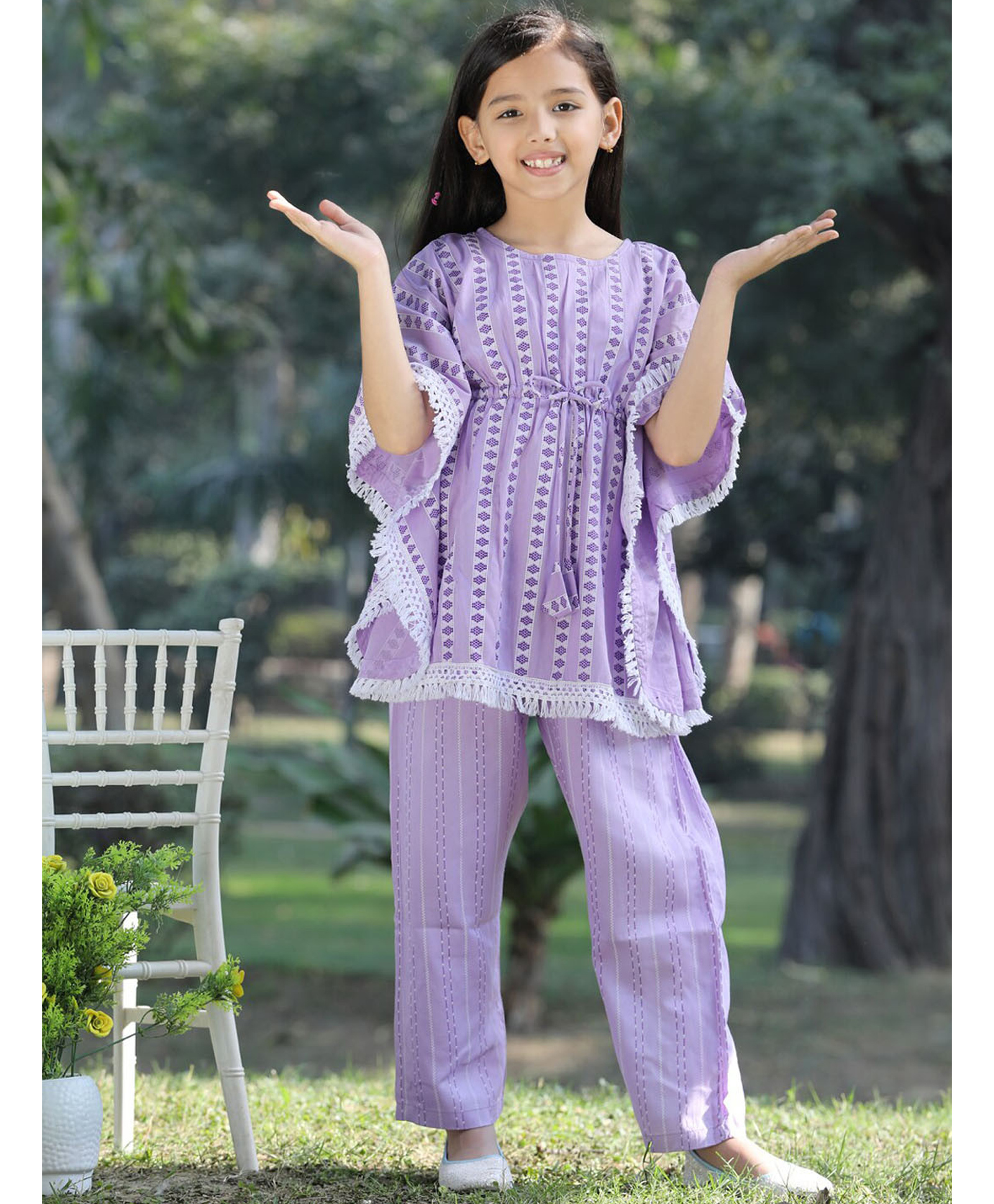 Cutiekins Viscose Rayon Woven Three Fourth Sleeves Abstract Striped Printed Kaftan Kurti & Pant Set -Lavender-picture-33