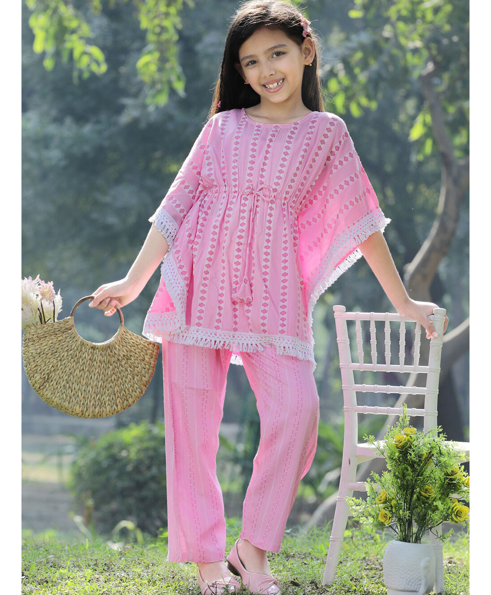 Cutiekins Viscose Rayon Woven Three Fourth Sleeves Abstract Striped Printed Kaftan Kurti & Pant Set - Light Pink-picture-34