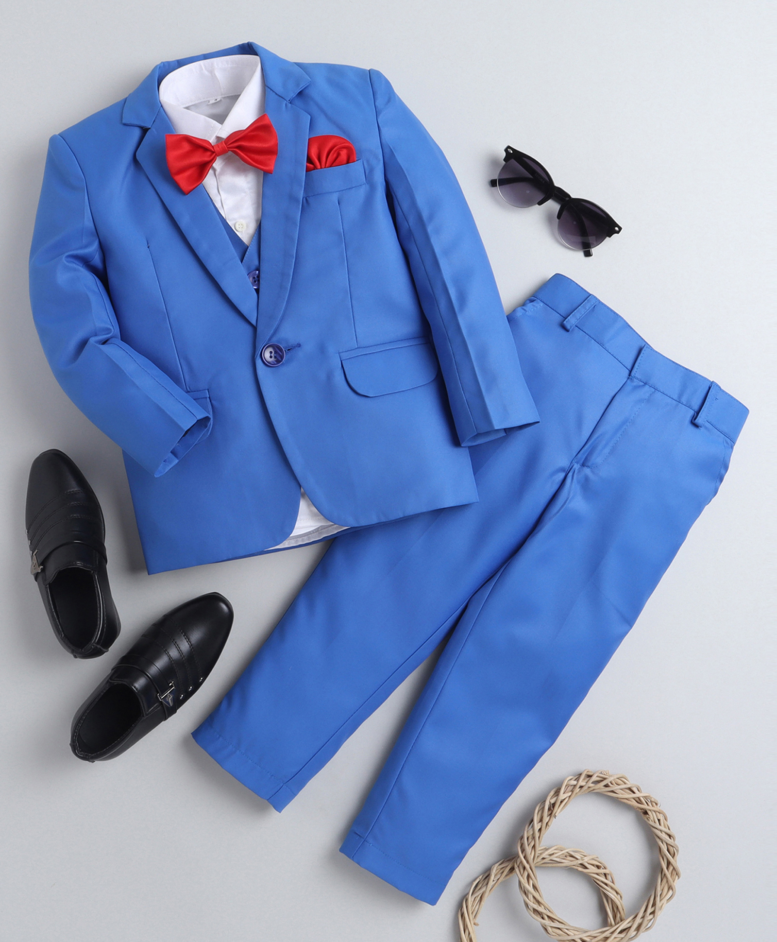 Jeet Ethnics Knit Full Sleeves Solid 4 Piece Party Suit Set With Bow - Blue-picture-21