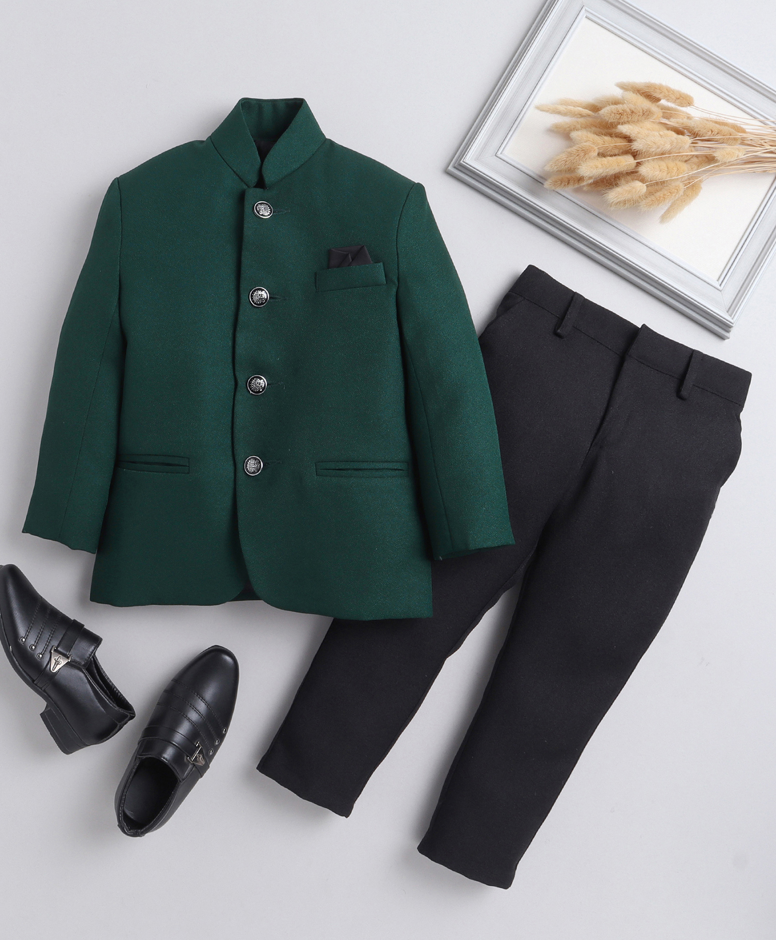 Jeet Ethnics Knit Full Sleeves Solid Jodhpuri Coat & Pant Set - Green-picture-35
