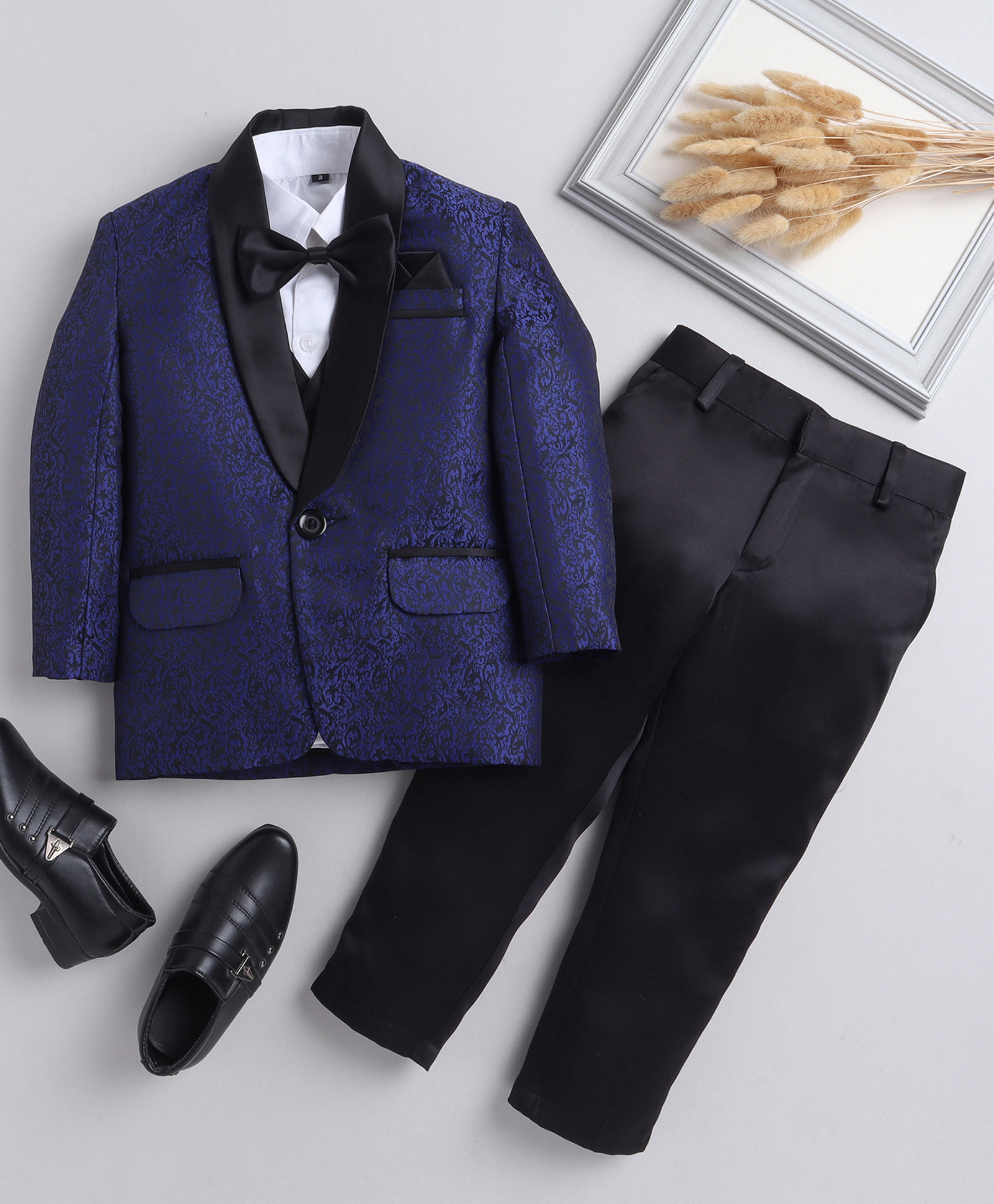 Jeet Ethnics Knit Full Sleeves Abstract Printed 4 Piece Party Suit Set With Bow - Navy Blue-picture-48