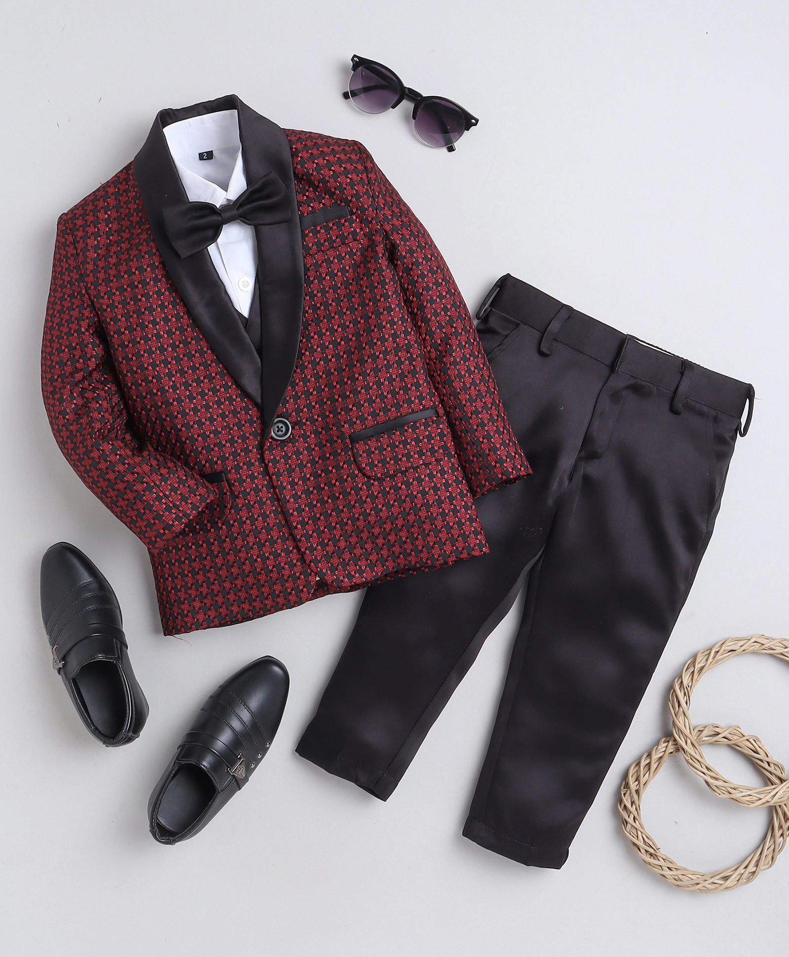 Jeet Ethnics Knit Full Sleeves Textured 4 Piece Party Suit Set With Bow - Red-image-27
