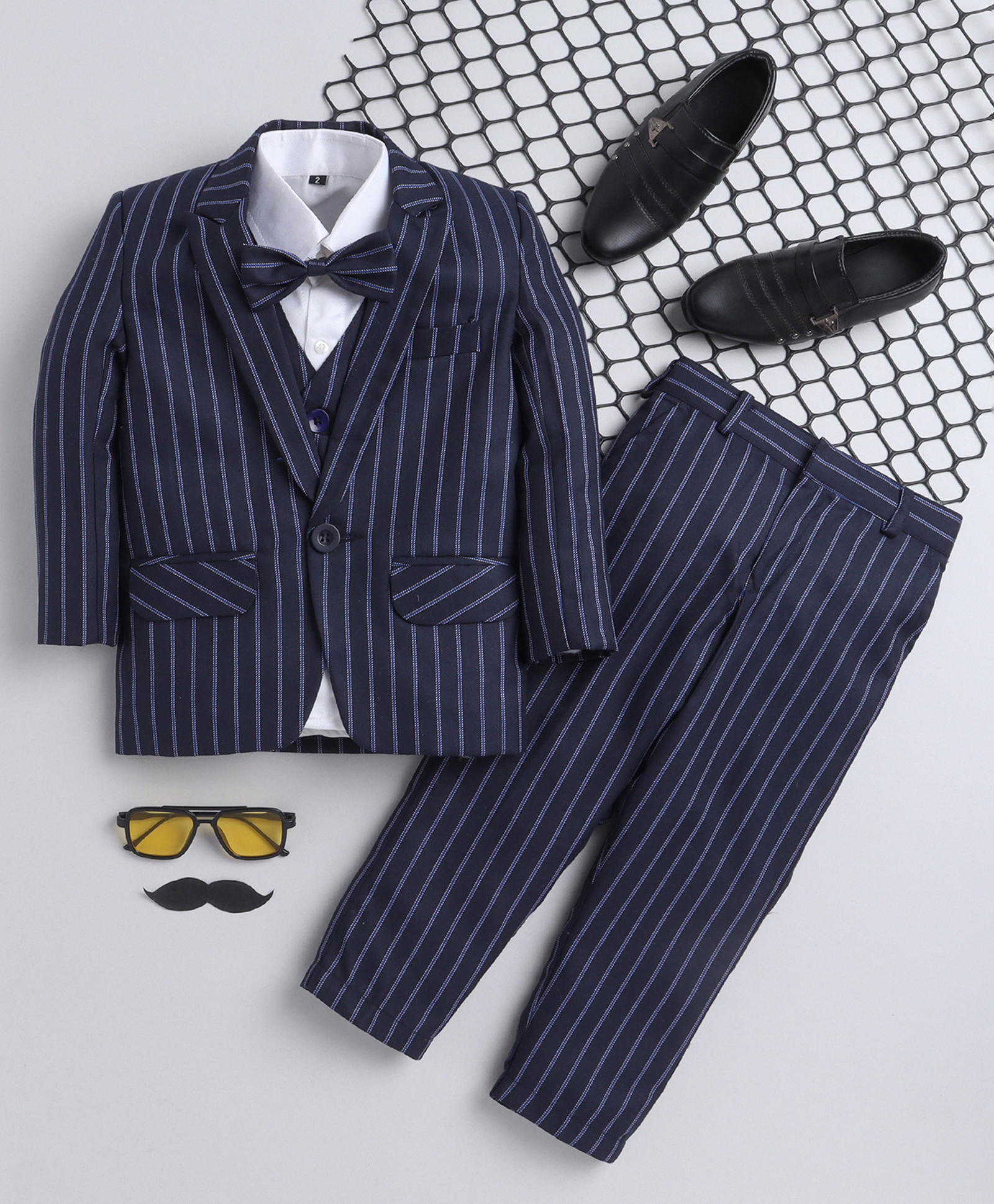 Jeet Ethnics Knit Full Sleeves Striped Coordinating 4 Piece Party Suit Set With Bow - Navy Blue-picture-49
