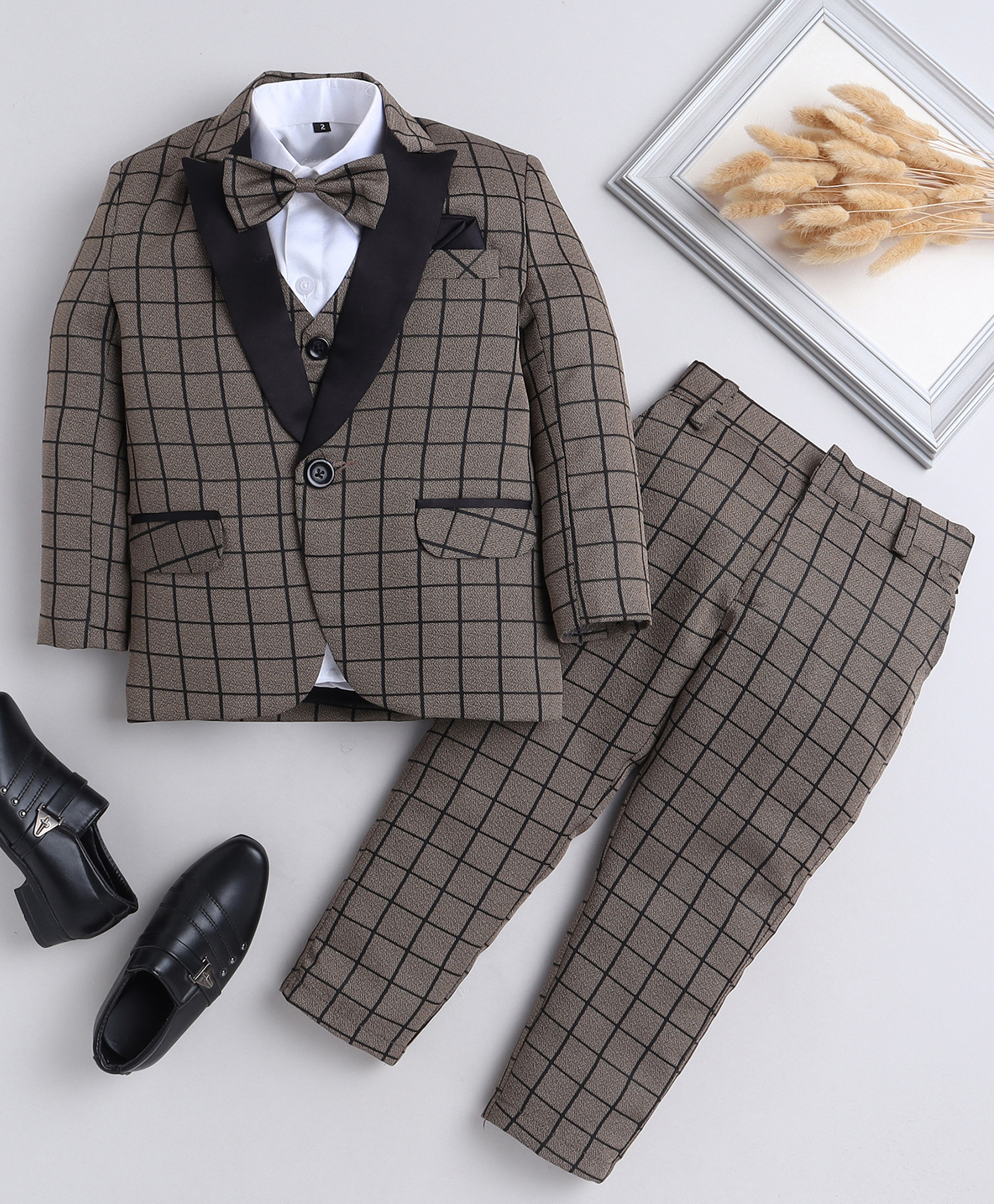 Jeet Ethnics Knit Full Sleeves Checked 4 Piece Coordinating Party Suit Set With Bow - Brown-picture-22
