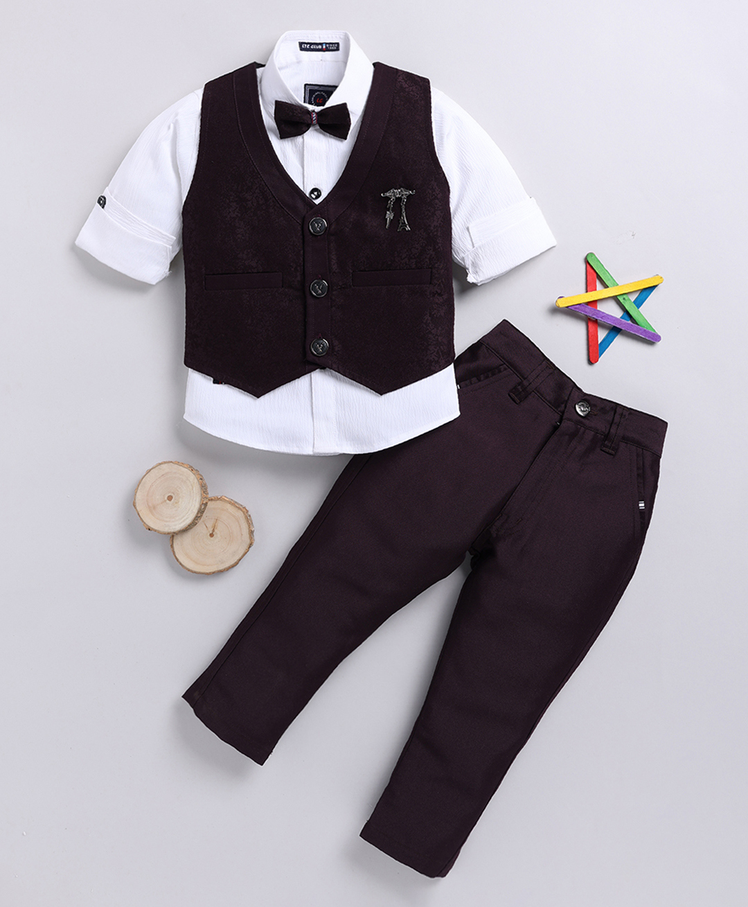 LTZ CLUB Cotton Blend Woven Full Sleeves Abstract Printed 3 Piece Party Suit Set With Bow - Wine-picture-15