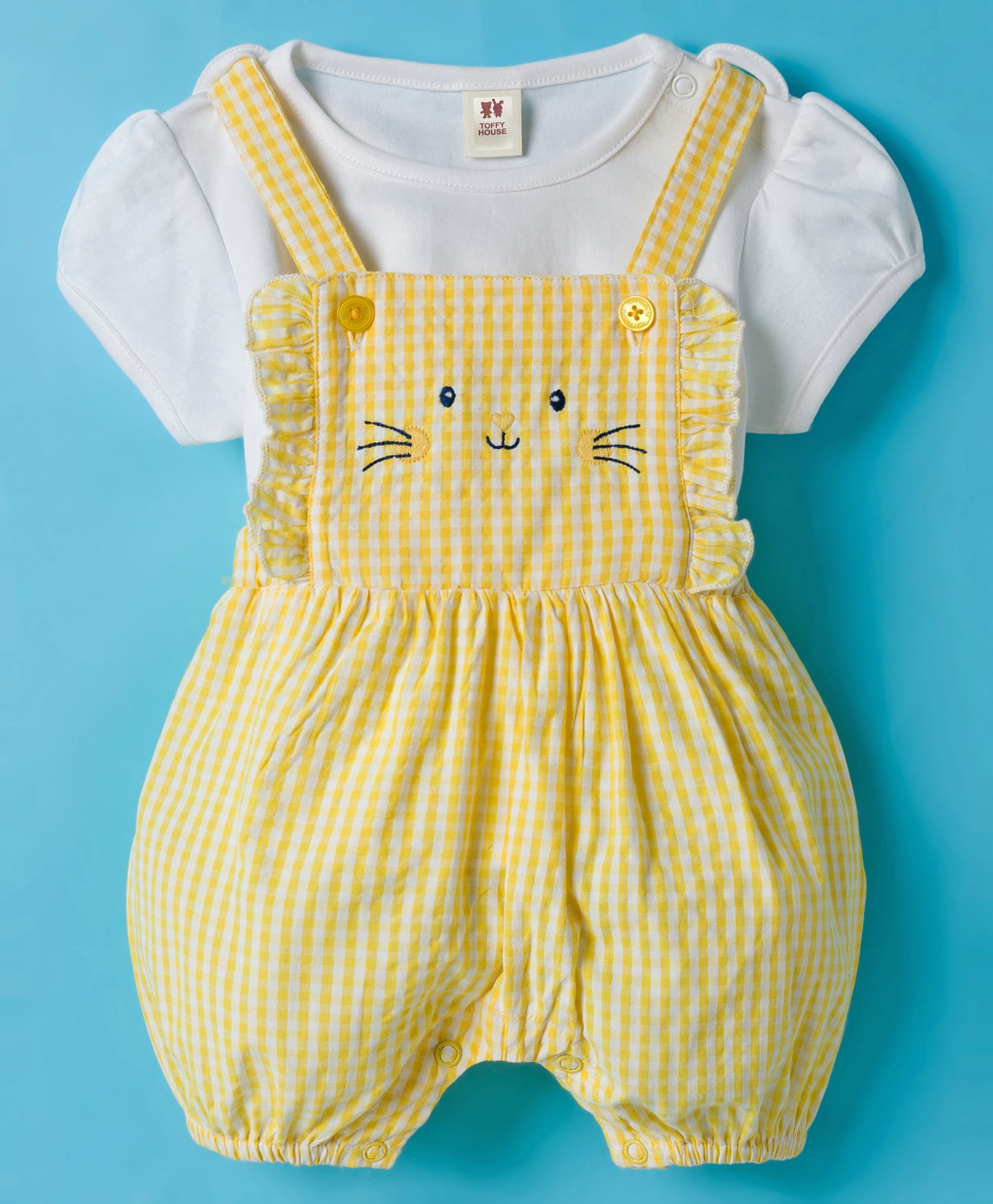 ToffyHouse Cotton Knit Half Sleeves Dungaree & T-Shirt with Bunny Print & Checks - Yellow & White-image-10