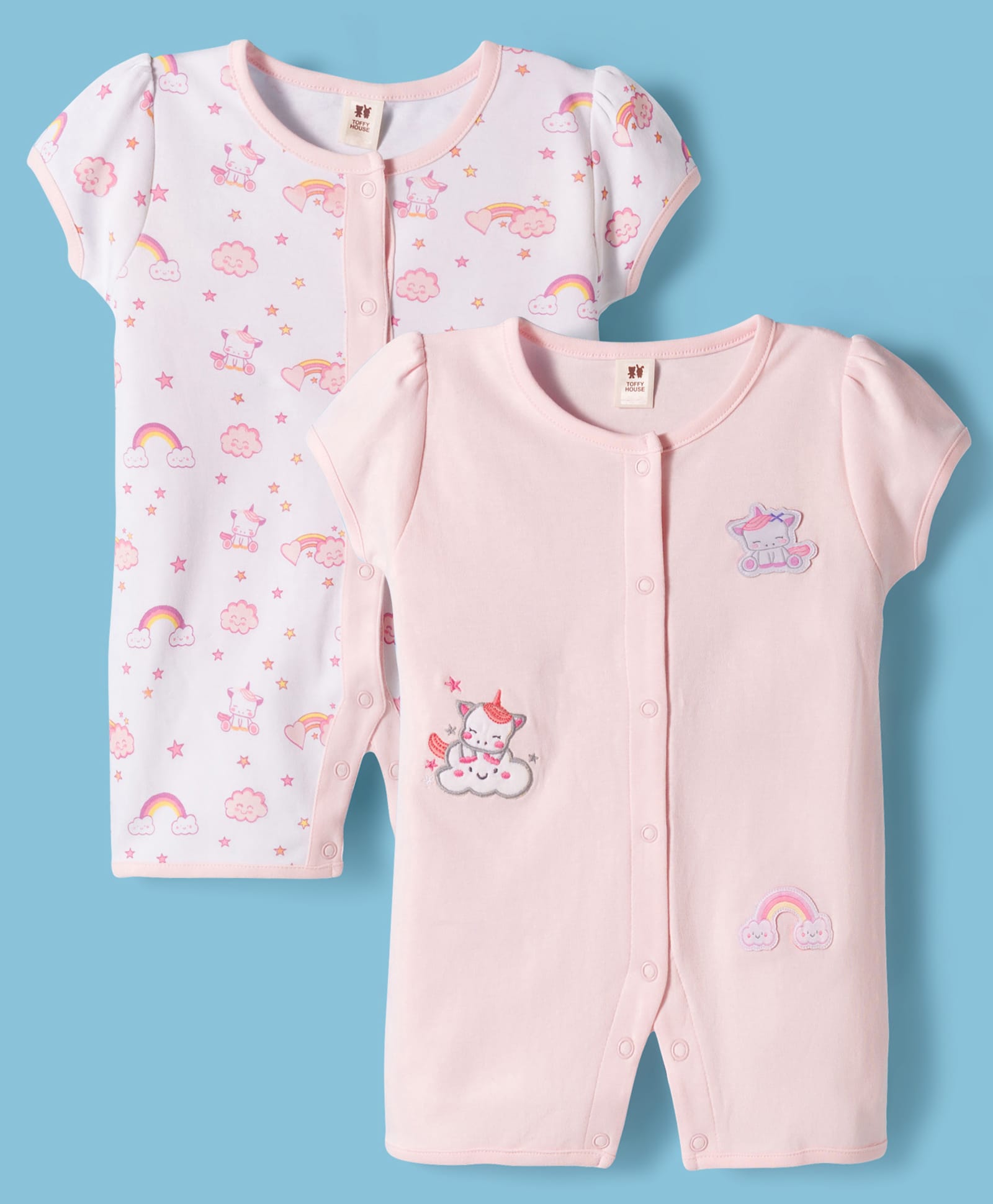 ToffyHouse Woven Half Sleeves Unicorn Printed & Embroidered Rompers Pack of 2 - Pink & White-image-37