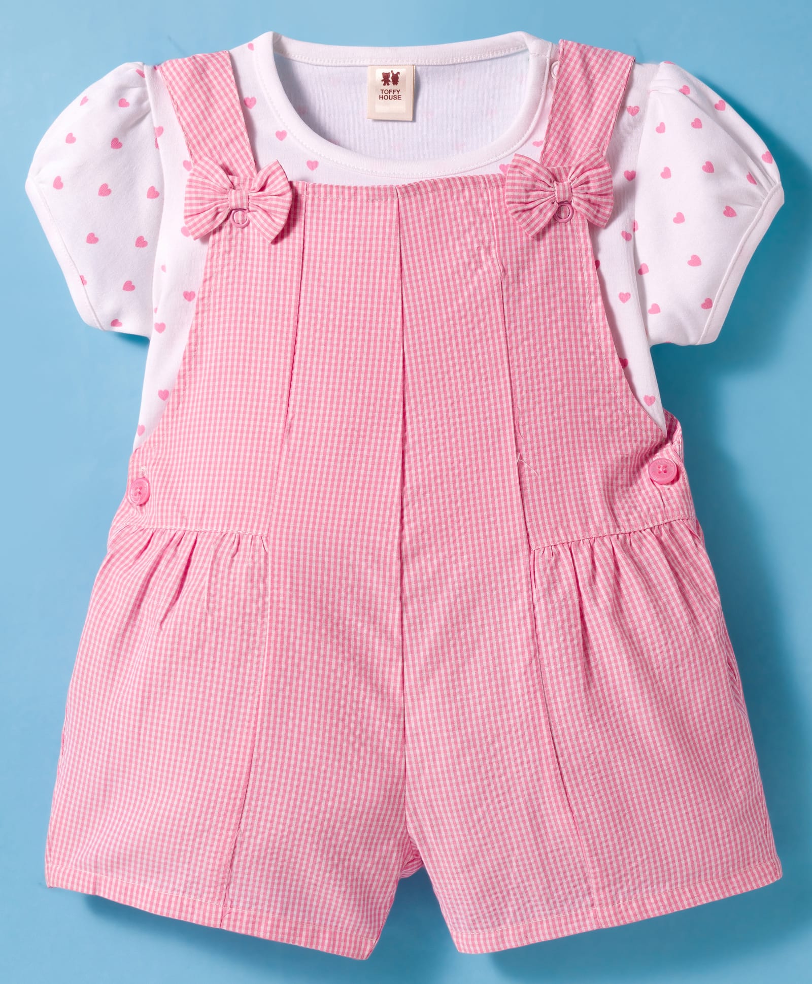 ToffyHouse Cotton Knit Half Sleeves Dungaree & T-Shirt with Checks Bow Applique & Dot Print - Pink & White